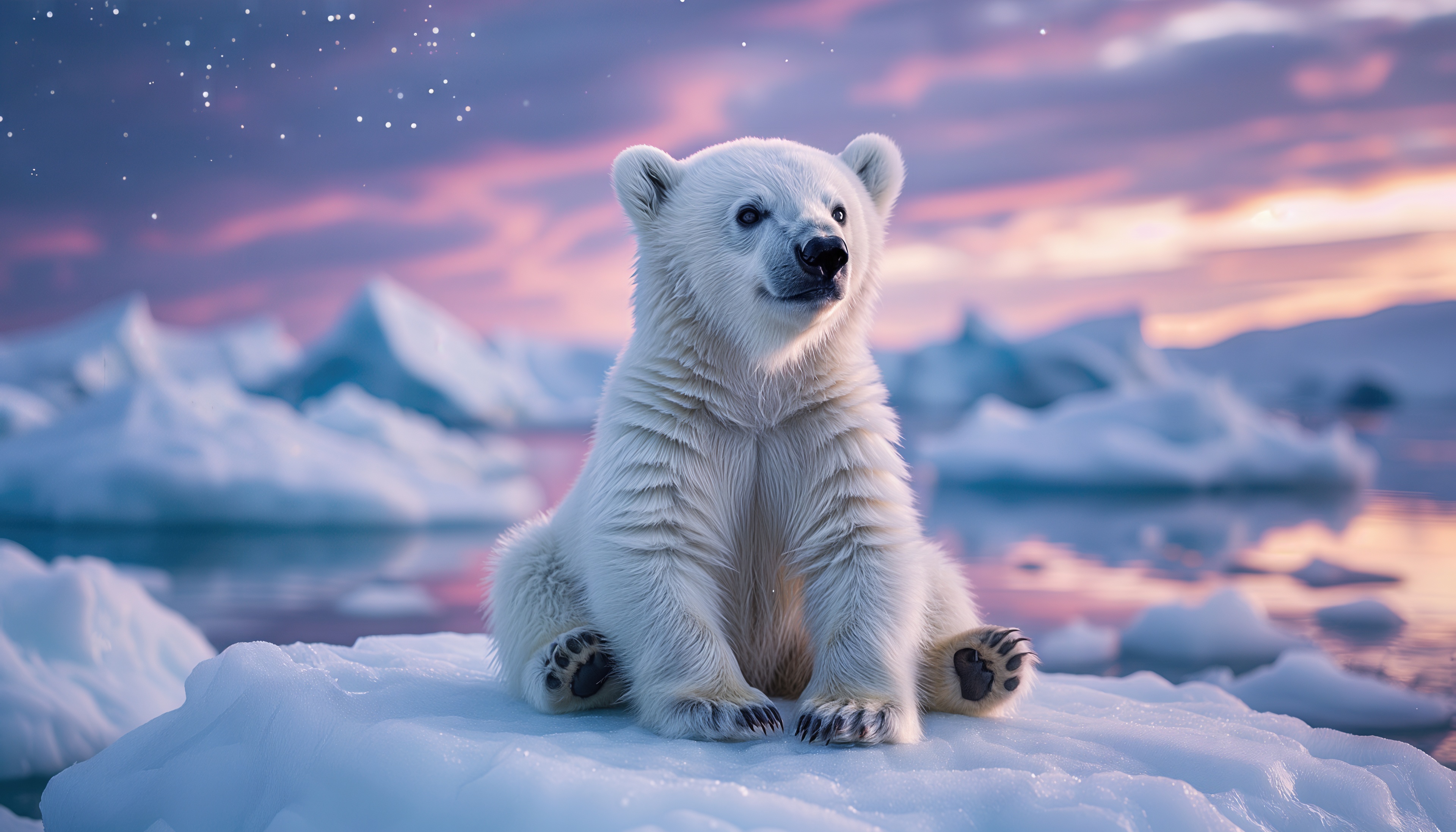 Бесплатное фото Милый белый медвежонок сидит на льдине на фоне закатного арктического пейзажа.