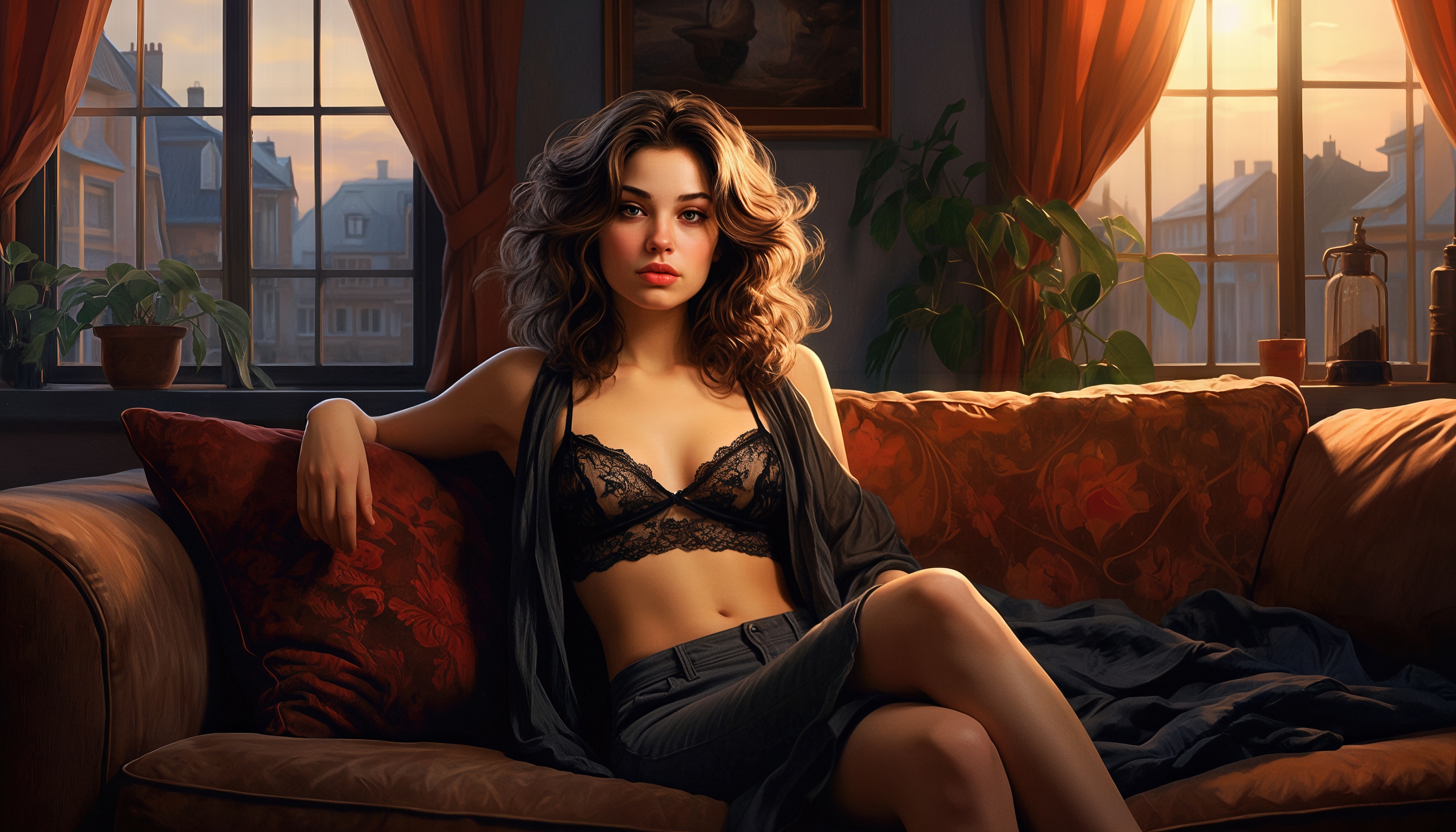 Девушка в кружевном белье расслабленно сидит на диване в уютной комнате с видом на город.