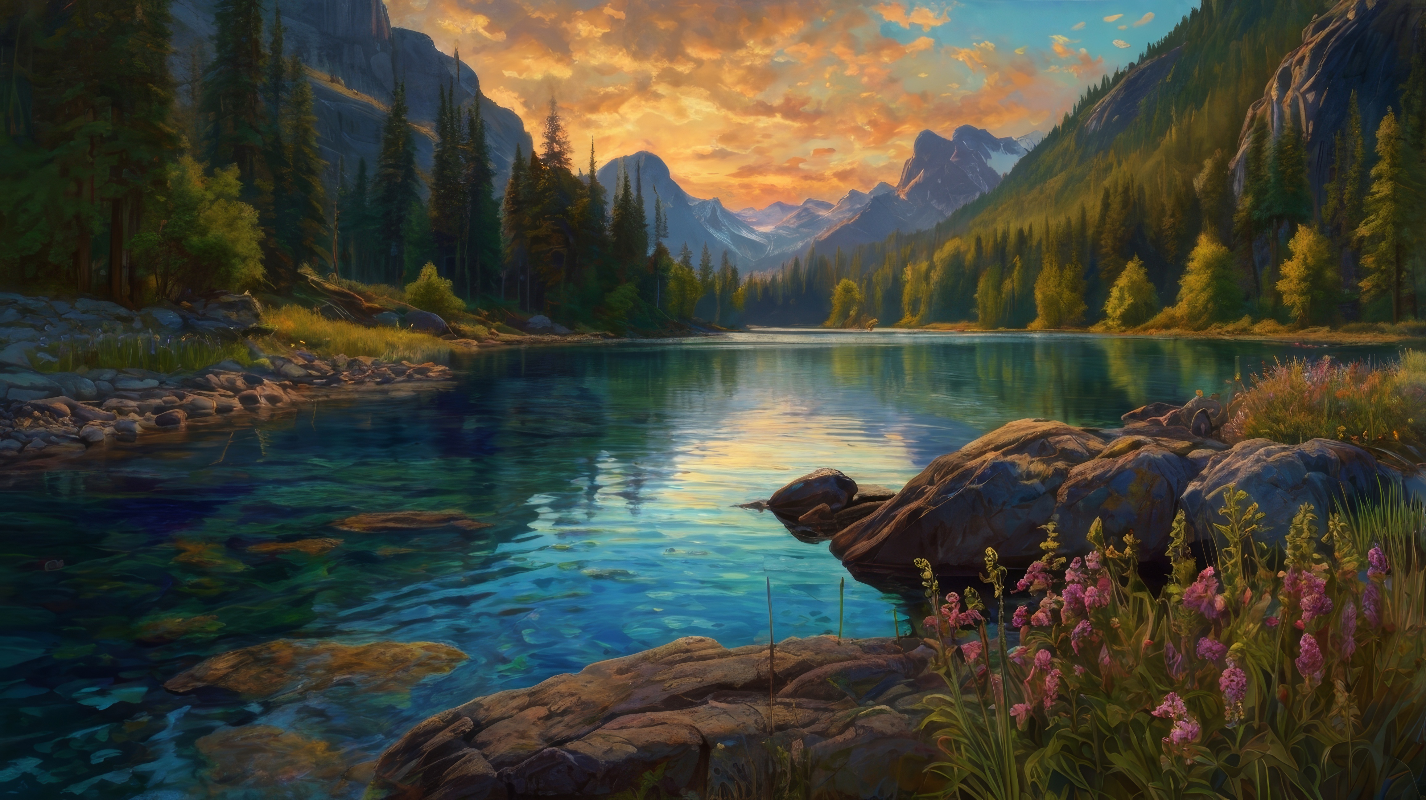 Бесплатное фото Картина с изображением долины с протекающей по ней рекой