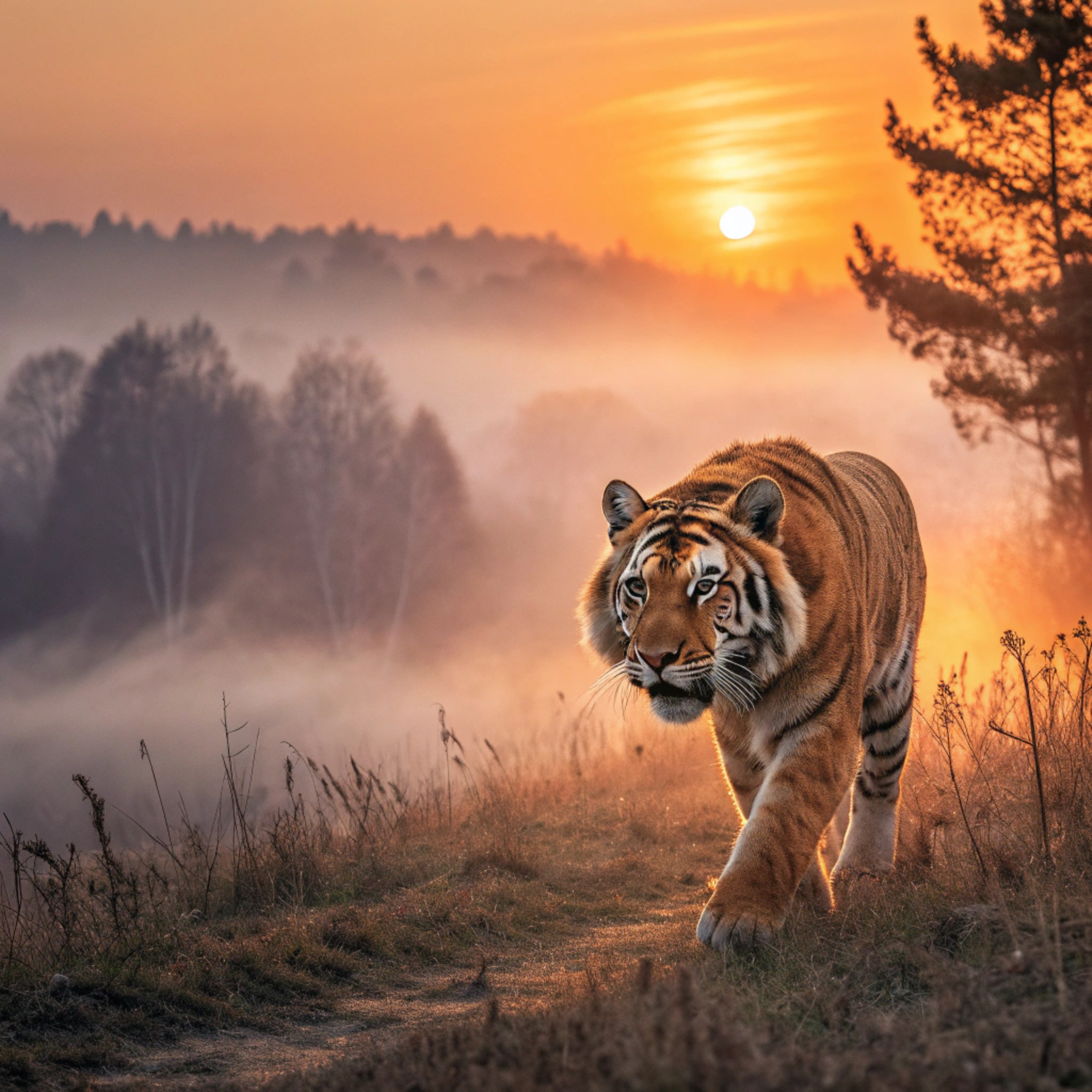 Бесплатное фото Тигр, бегущий на закате