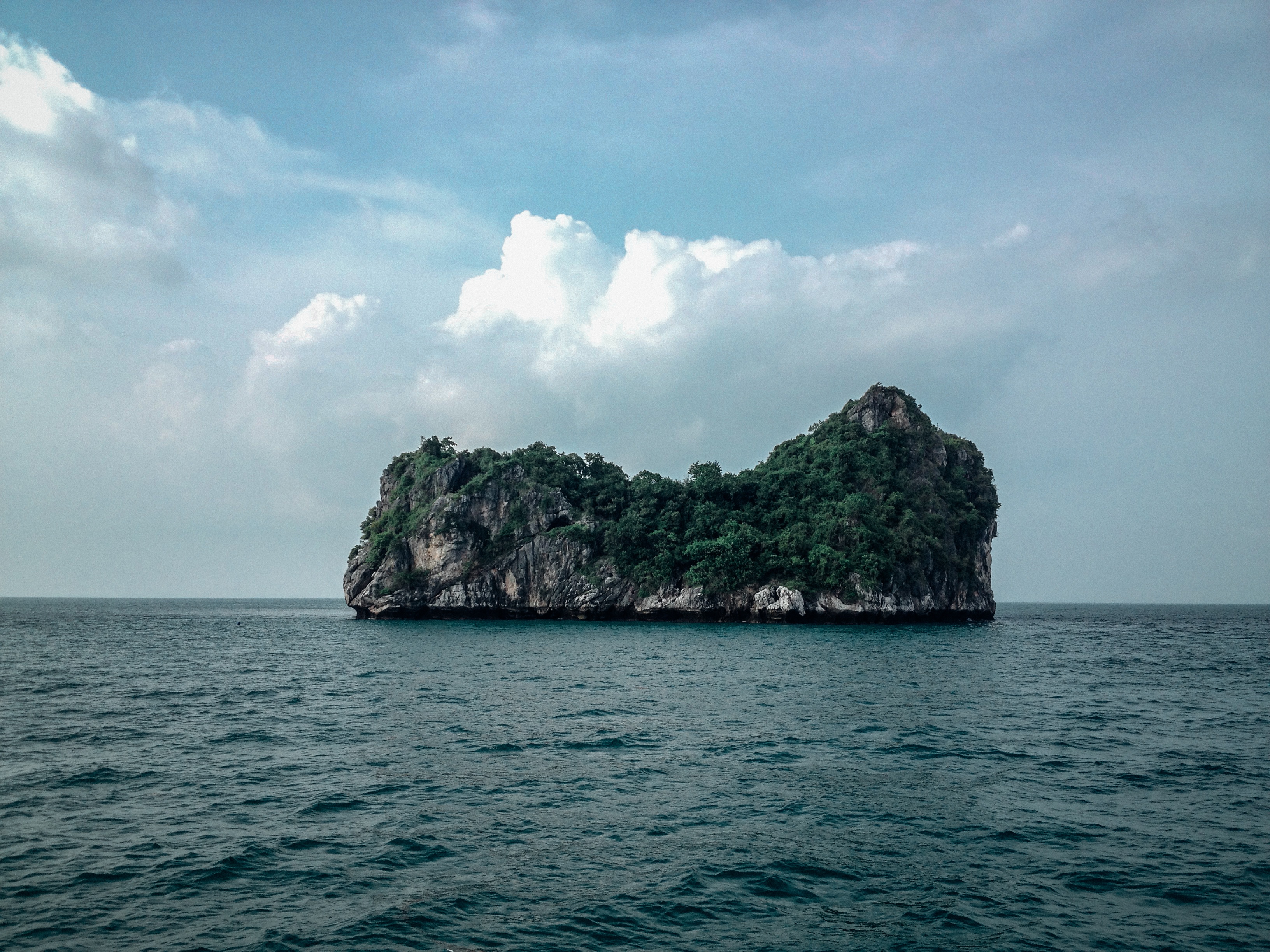 海中的一座岛屿，形状像一块岩石，上面长满了树木