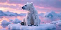 Ледяная гладь, закатное небо и любопытный полярный медвежонок.