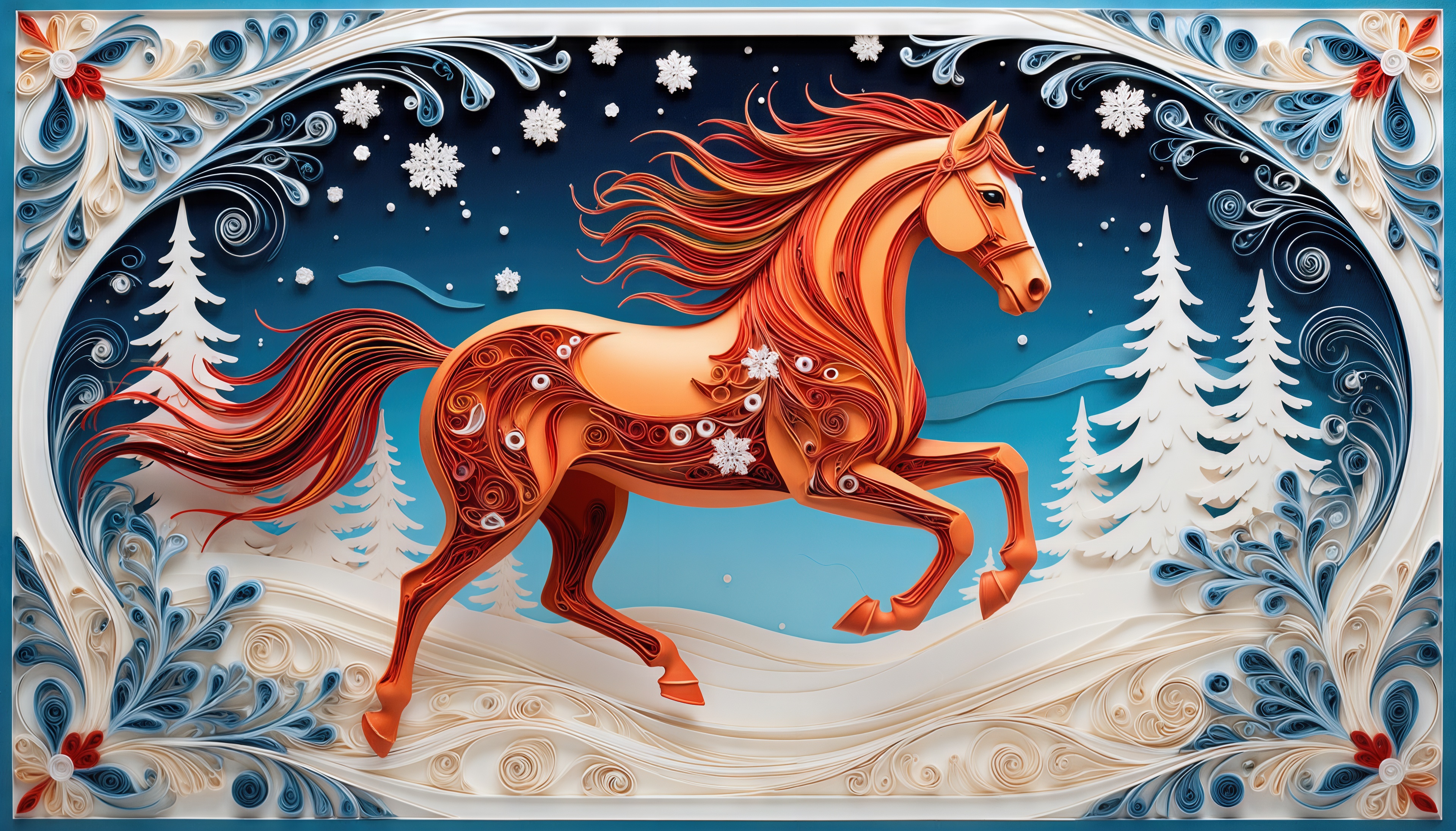 Free photo A red horse in quilling technique on the background of a winter forest.