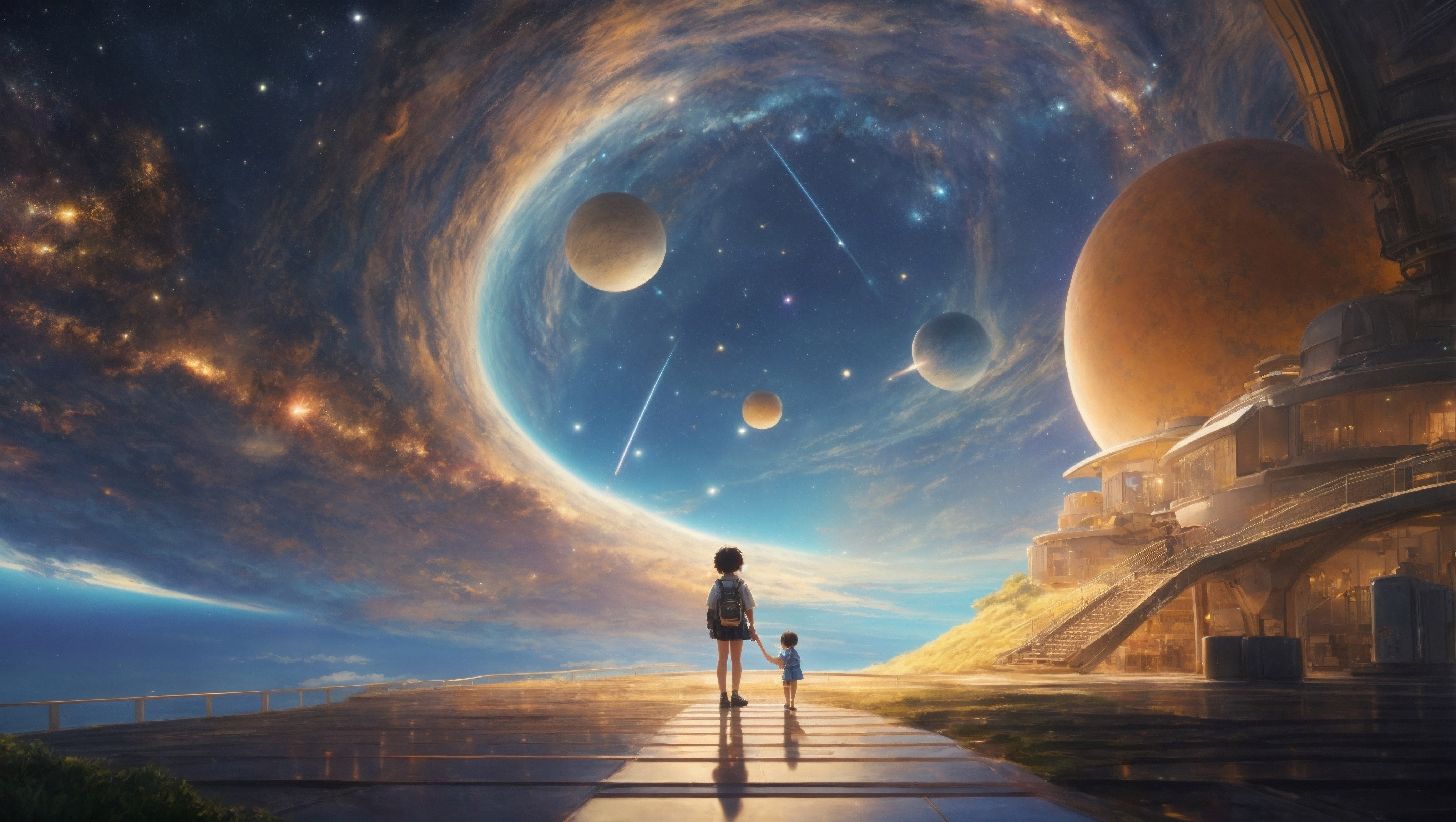 一位女士站在外太空的边缘，眺望着远方的行星。
