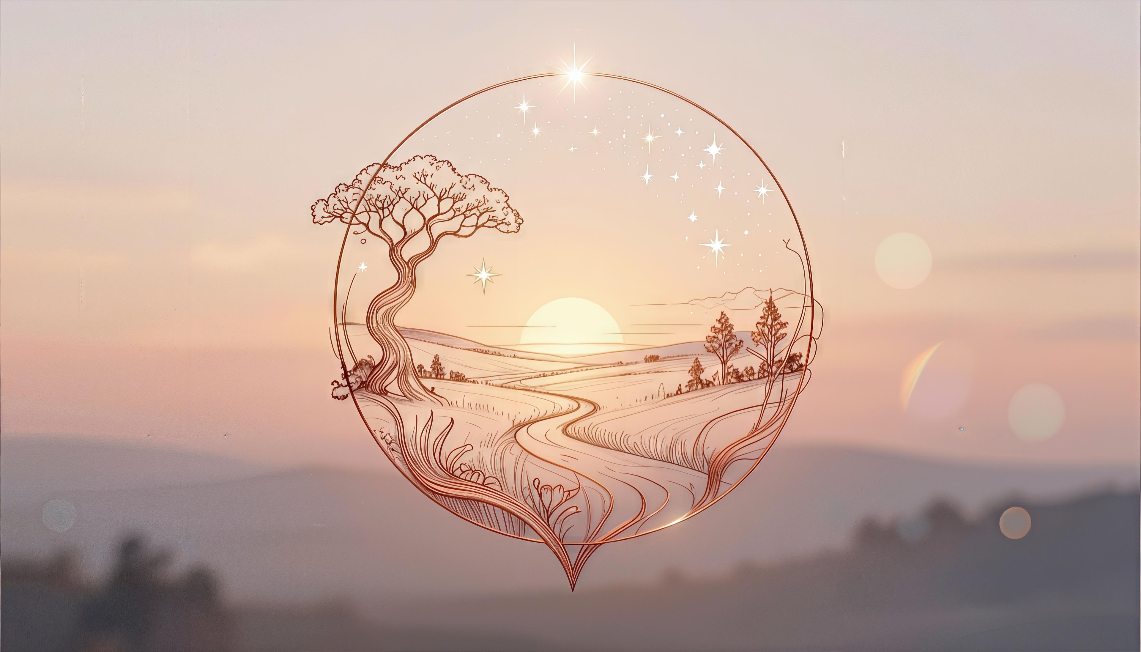 A symbol of the way of life and the balance of the universe: a winding path to the sun under the cover of stars in a golden circle of harmony.