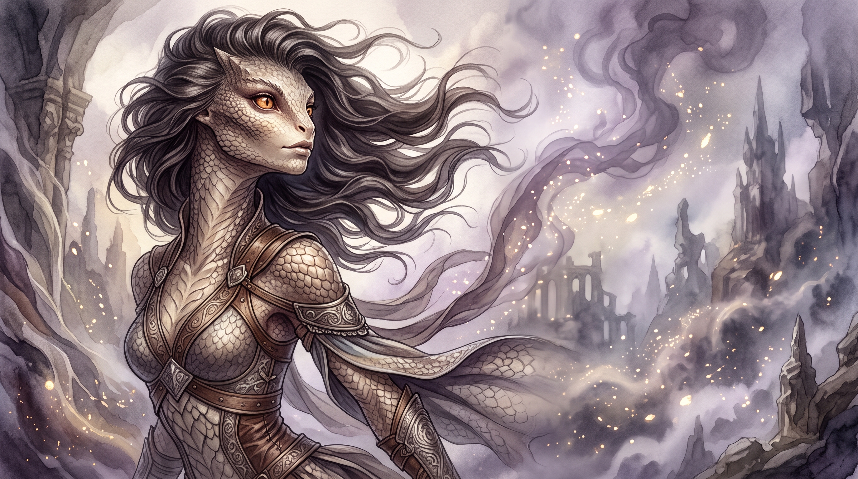 A dragon in elegant armor against a backdrop of mysterious ruins and billowing magical smoke