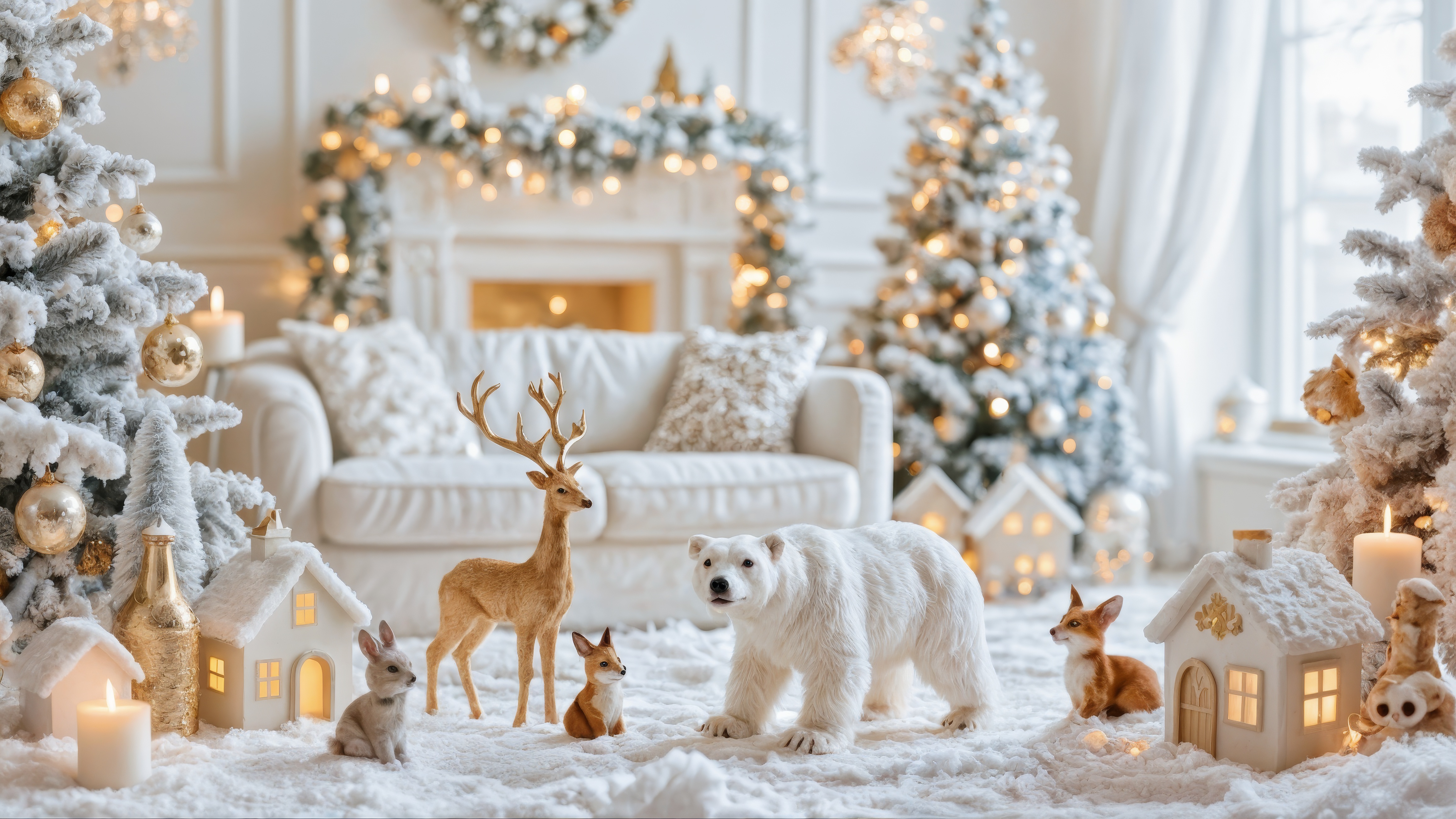 A living room filled with furniture and holiday decorations