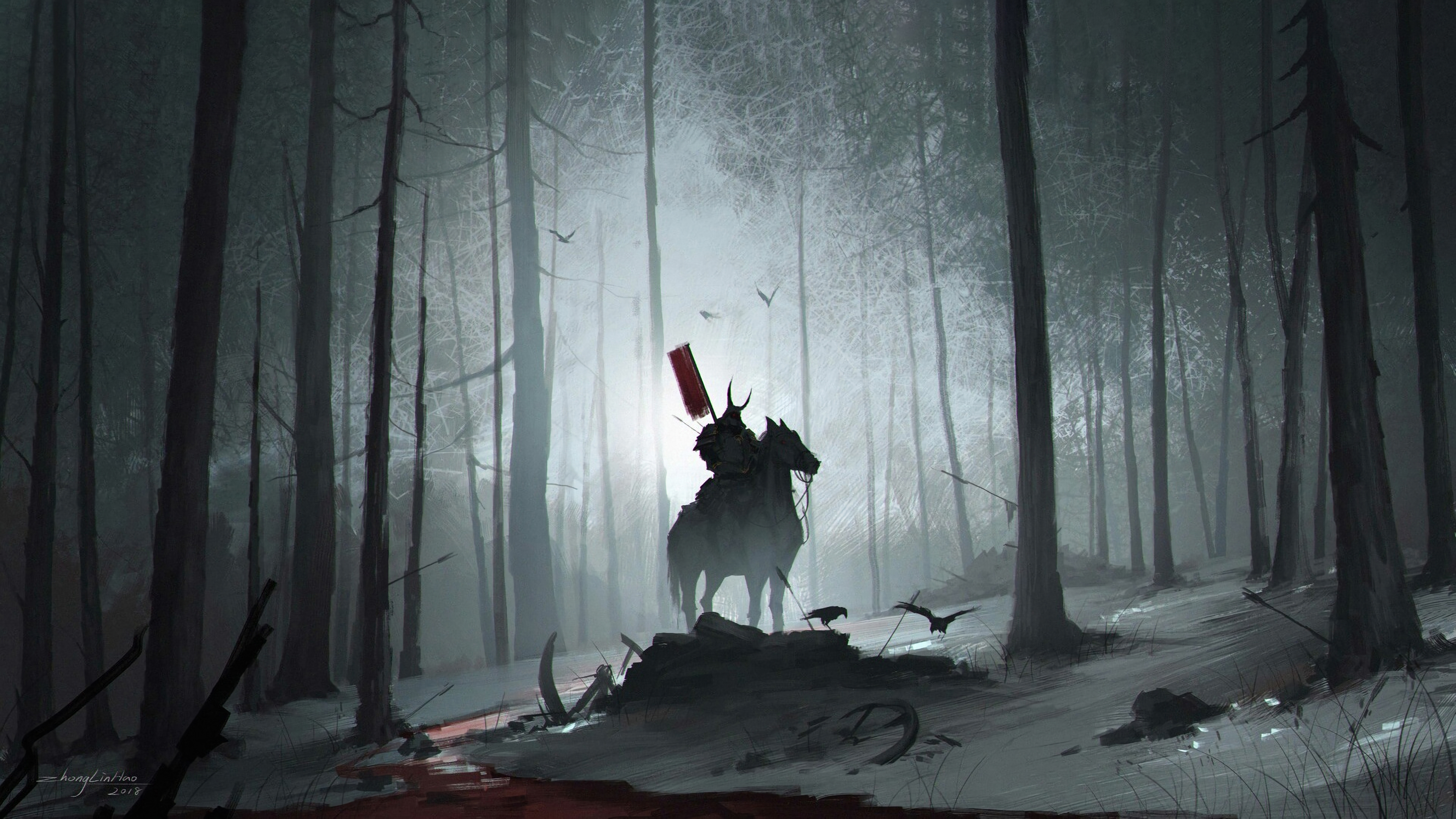Бесплатное фото Силуэт всадника на коне в мрачном лесу