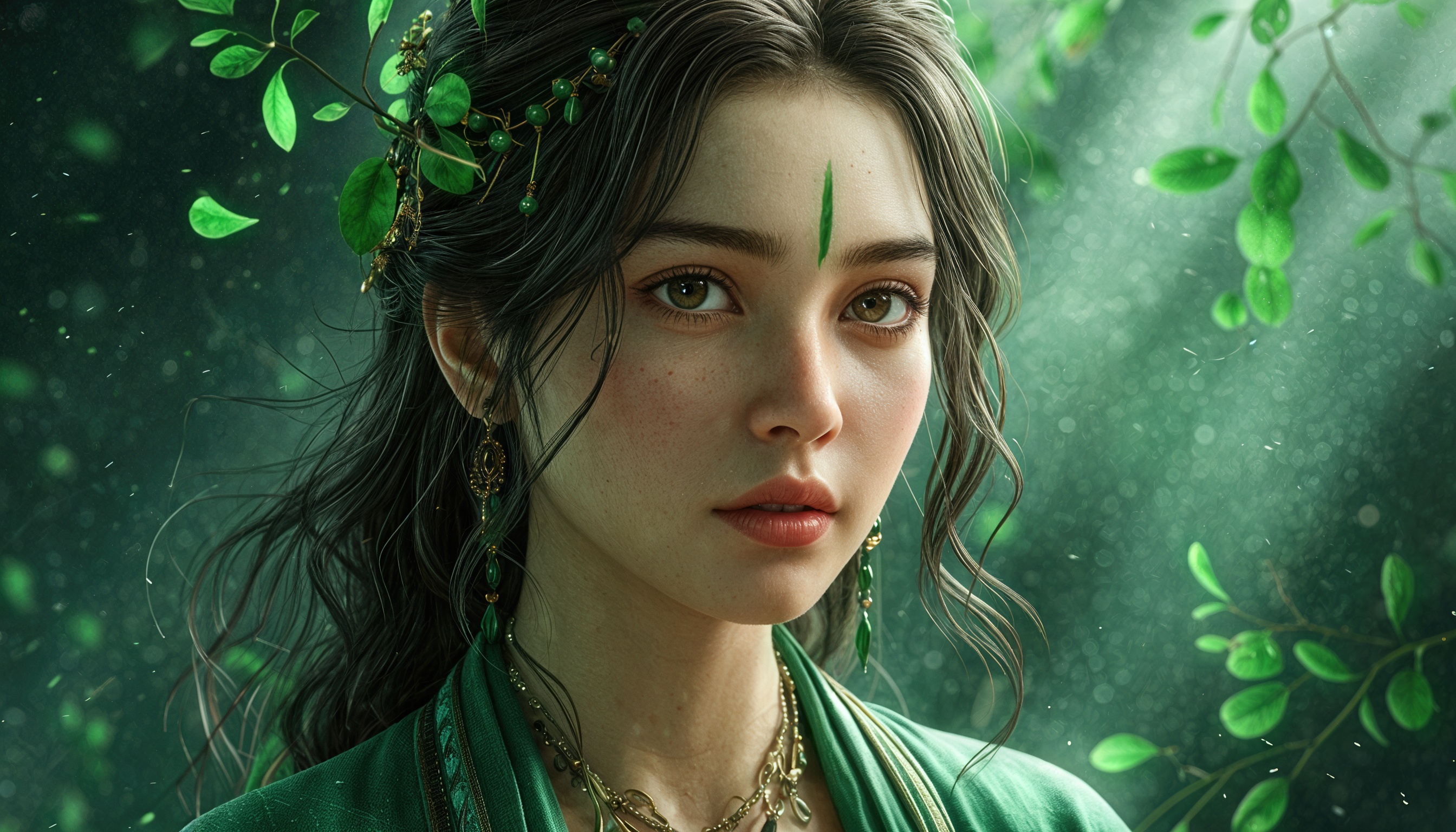 Бесплатное фото Девушка в зеленом платье с венком из листьев, символ на лбу, взгляд прямо на зрителя.