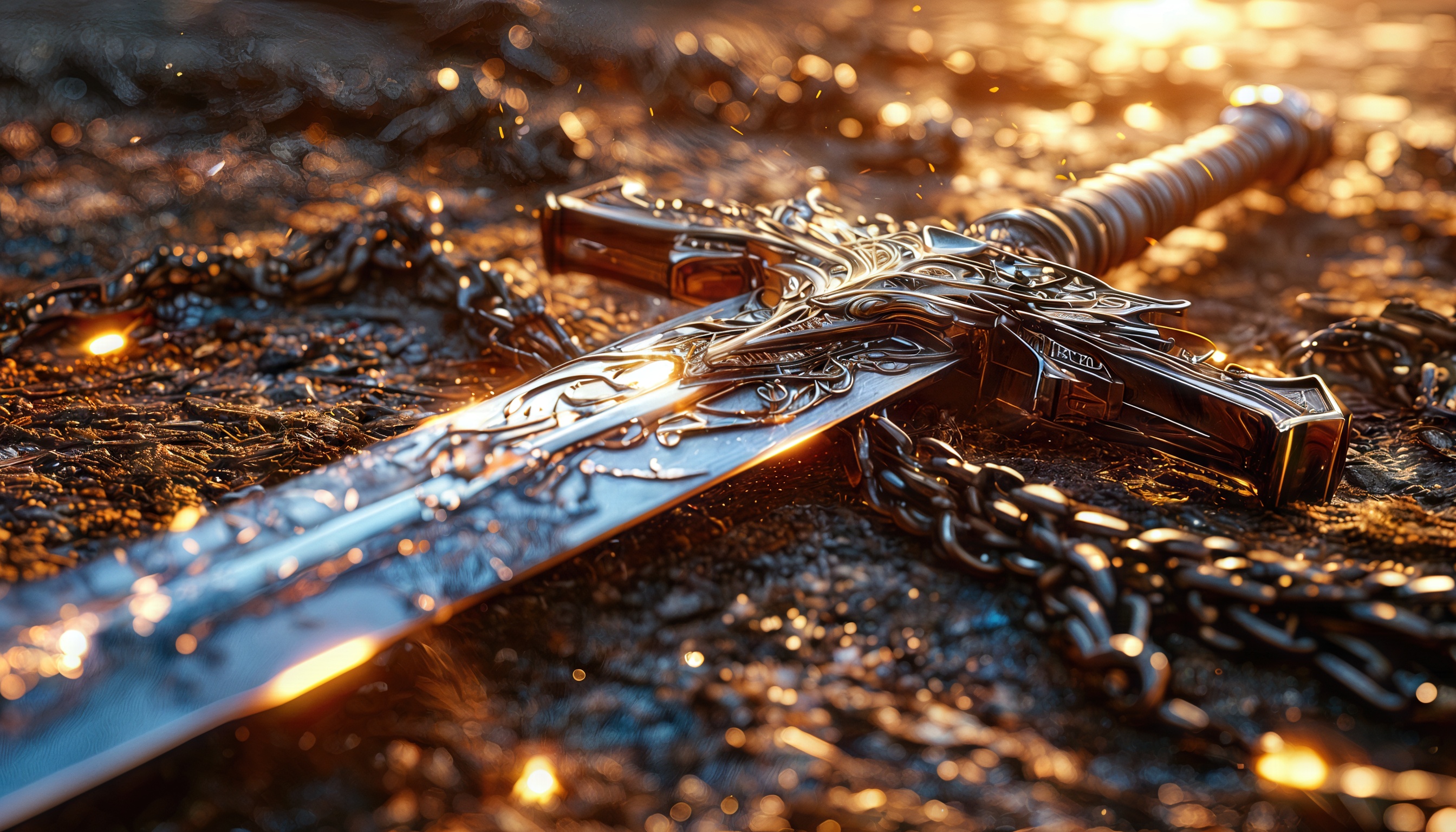 Меч с узорами, лежащий на цепи, выполненный в стиле фэнтези или исторической реконструкции.