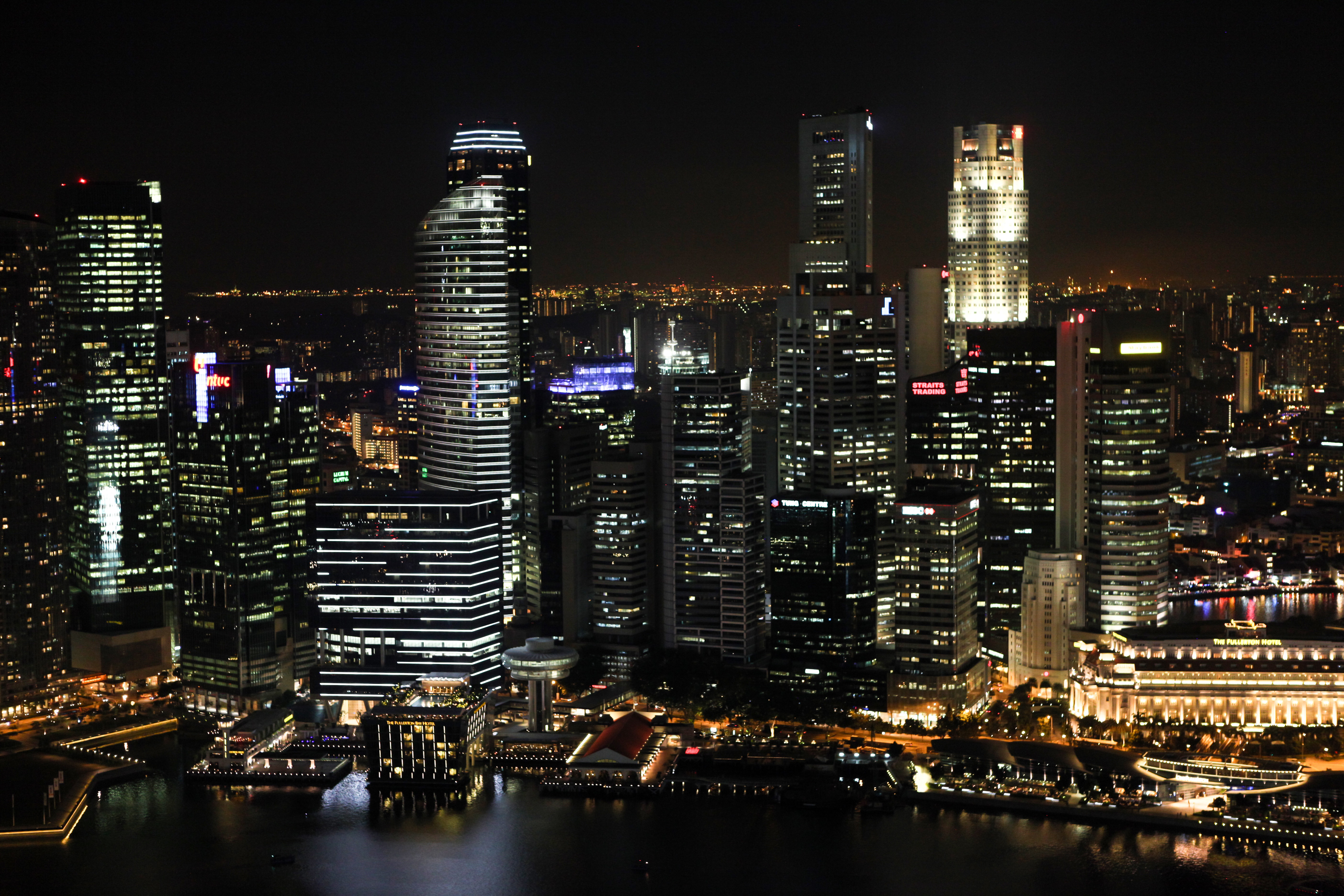 Free photo Night city with skyscrapers by the river