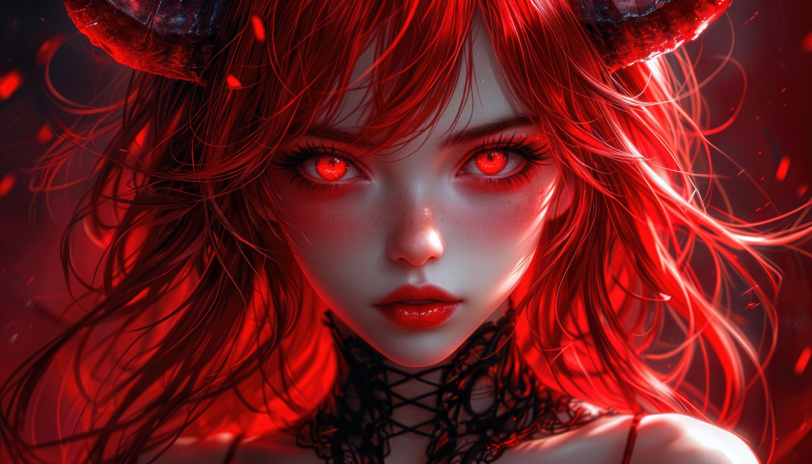 Демонесса с красными глазами и рогами в кружевном белье на красном фоне.