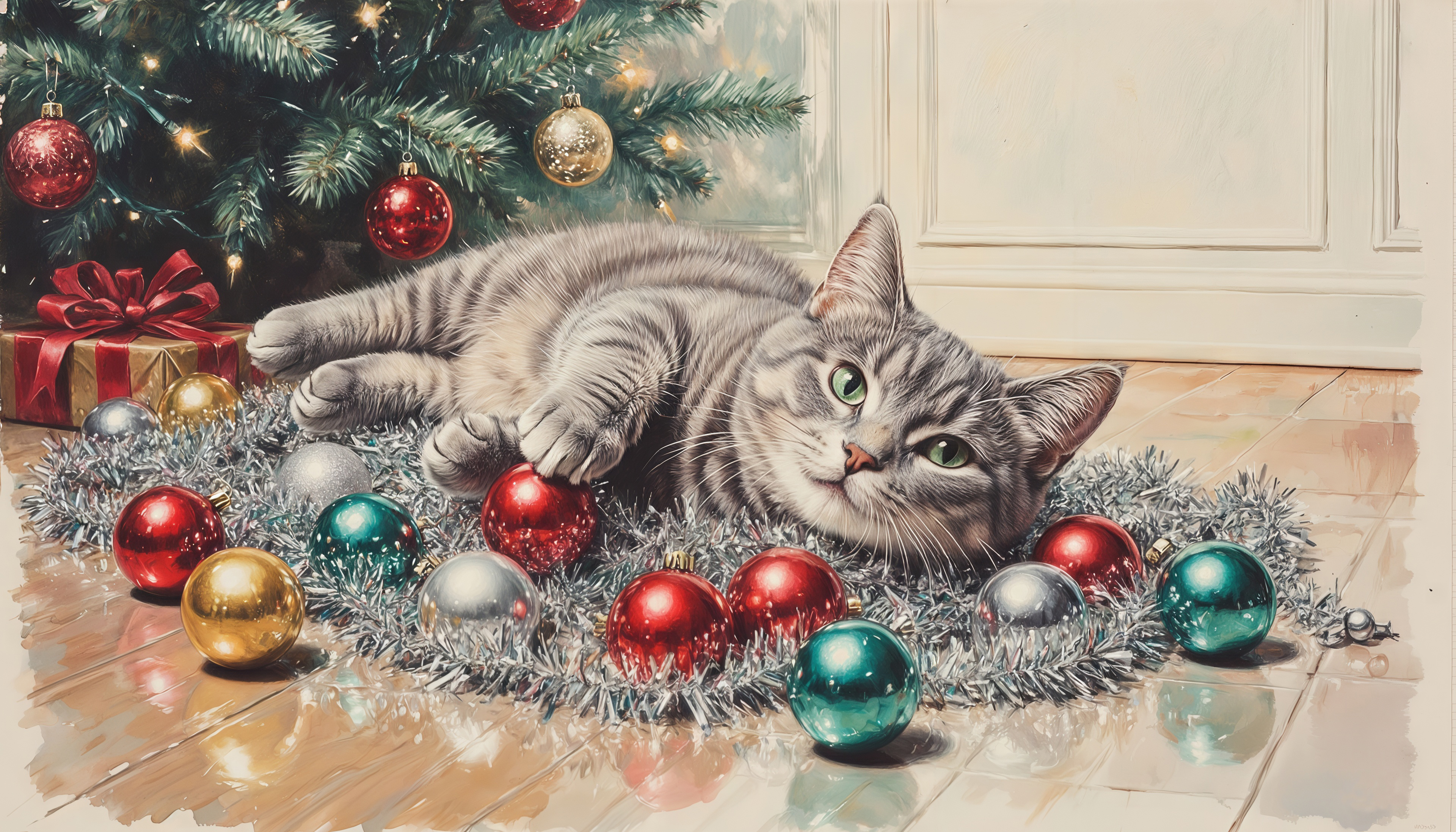 Бесплатное фото Кот среди ёлочных шаров - волшебство Нового года!