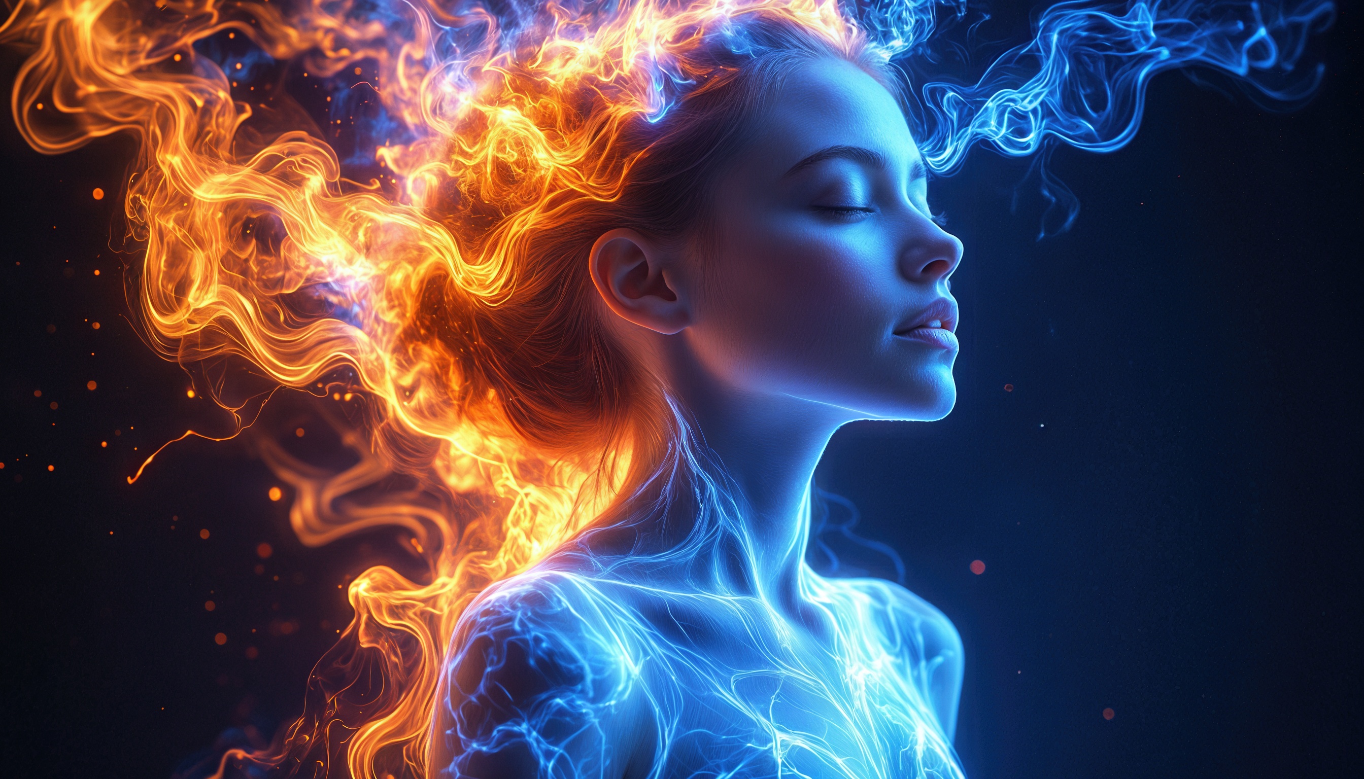 免费照片一个被火焰和冷光包裹的女孩，就像元素的化身。