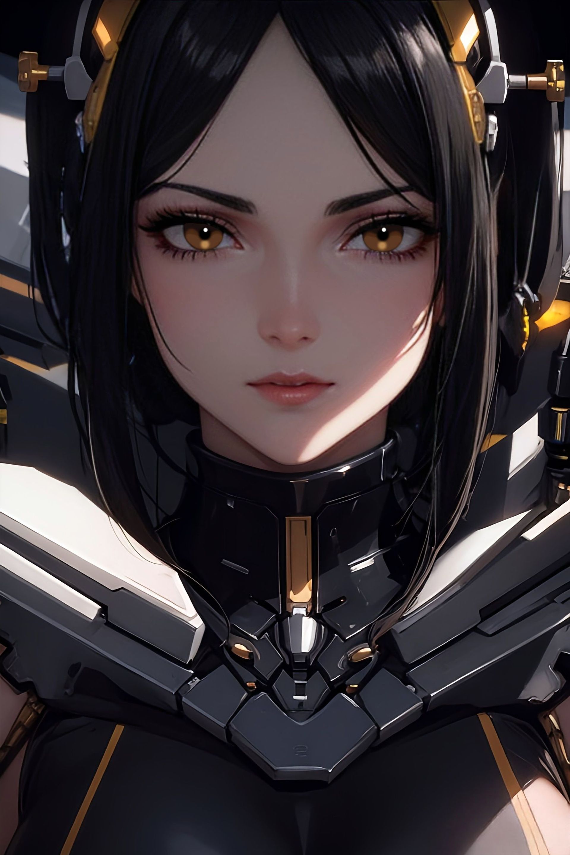 Free photo A girl, with golden eyes, wearing mechanical armor.