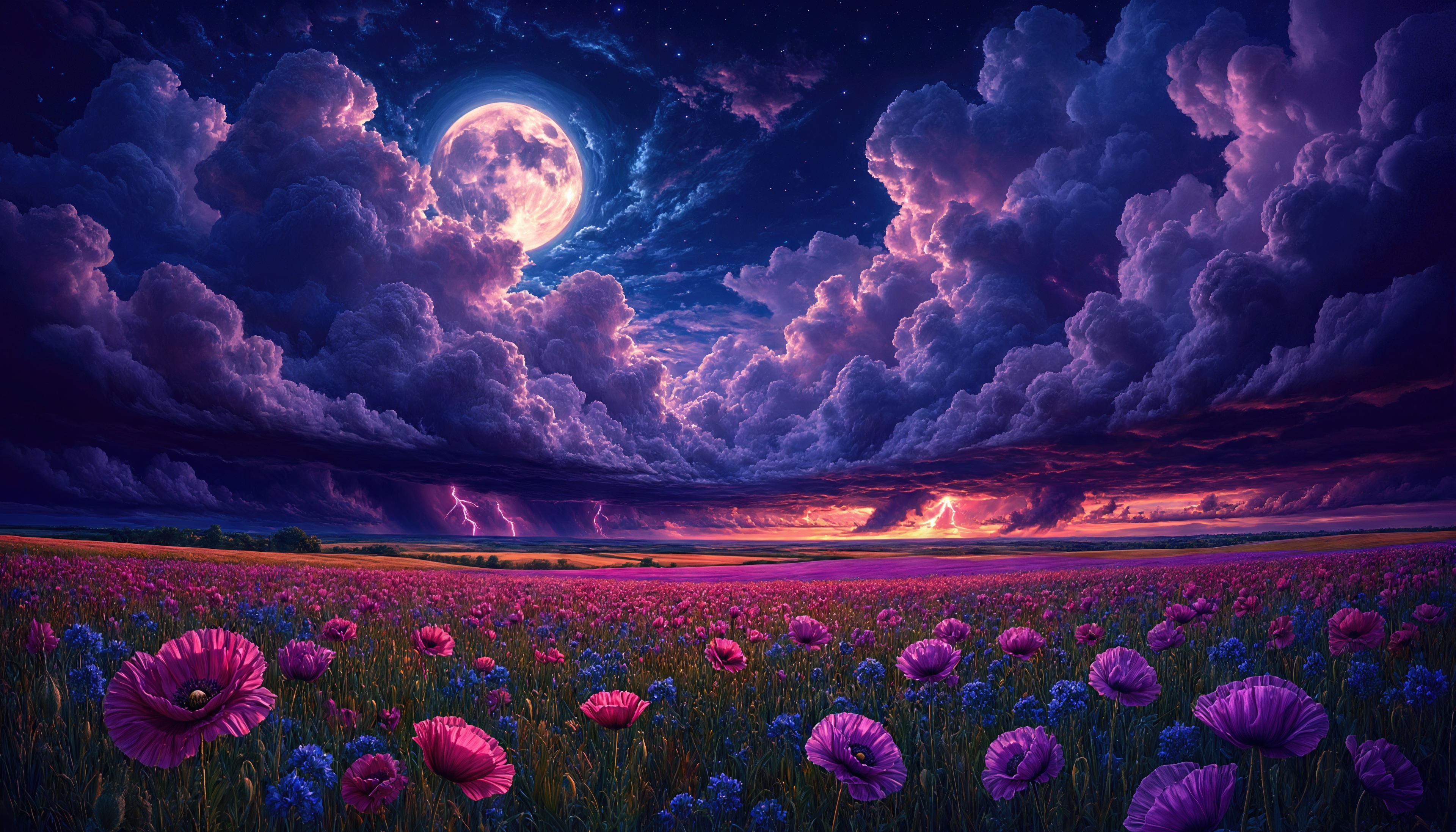 Бесплатное фото Лунная ночь над полем маков, озаренная вспышками молний.