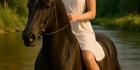Блондинка верхом на вороном коне переходит речку вброд