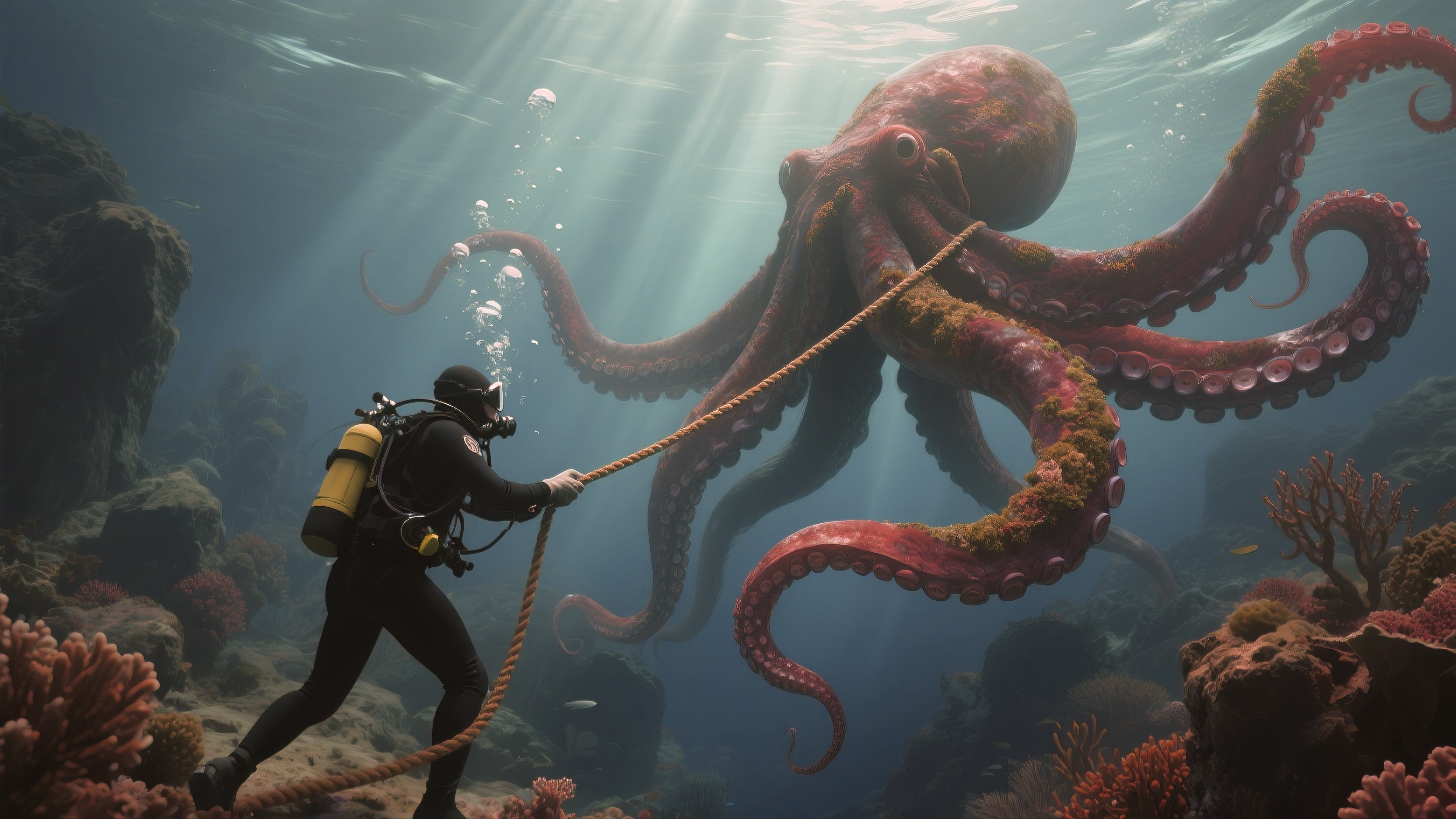 A scuba diver holding an octopus rope in his mouth