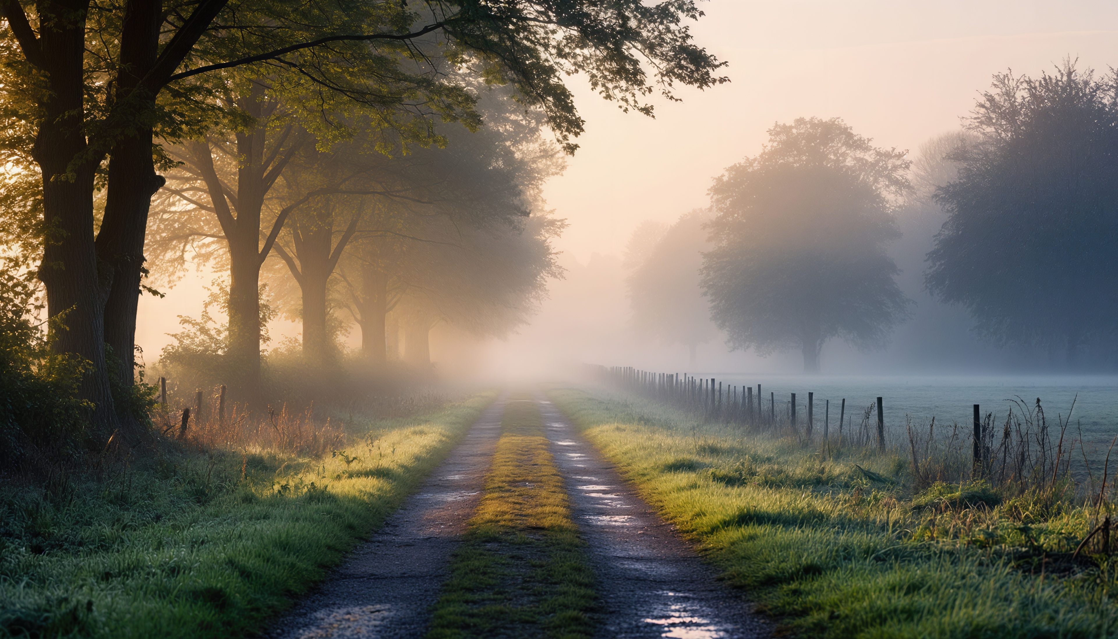 Free photo The foggy road goes off into the distance, surrounded by green grass and trees.