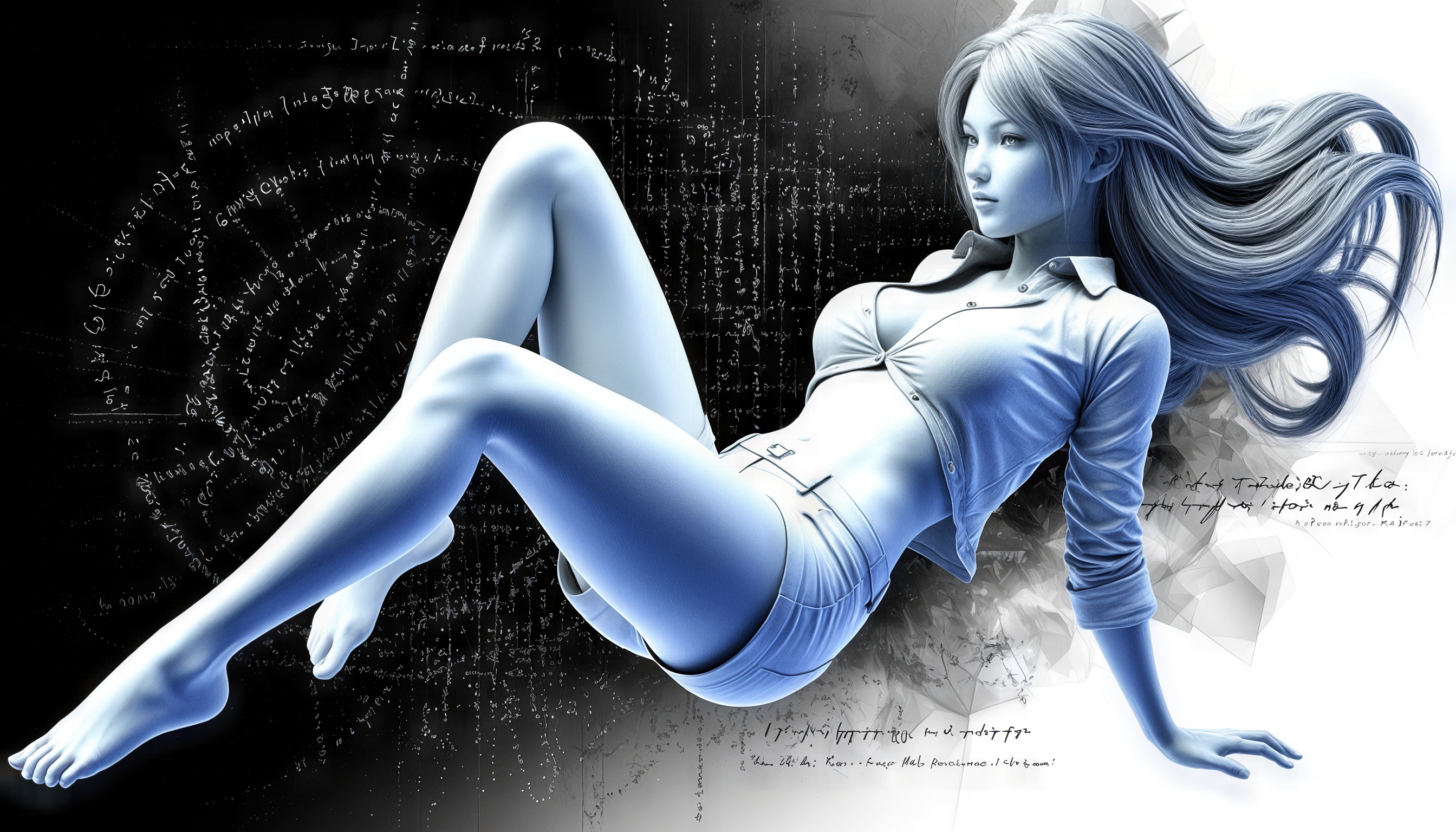 Девушка в рубашке и шортах на фоне загадочных математических символов.