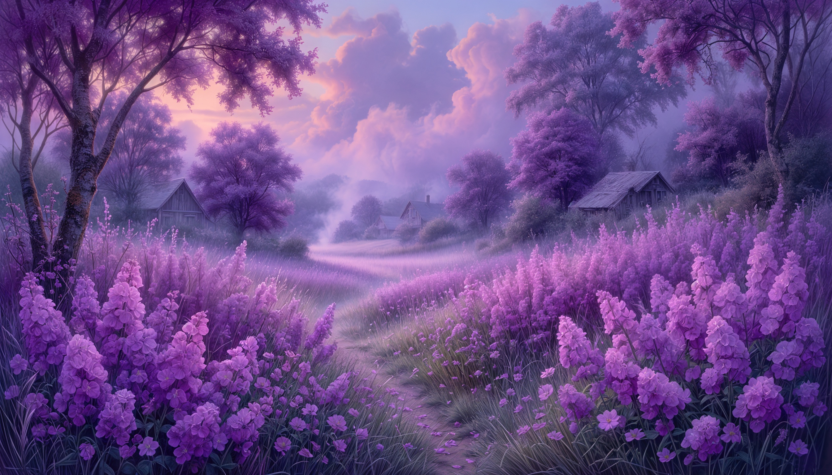 Бесплатное фото Фиолетовое поле цветов ведёт к уютным домикам в туманной дымке.
