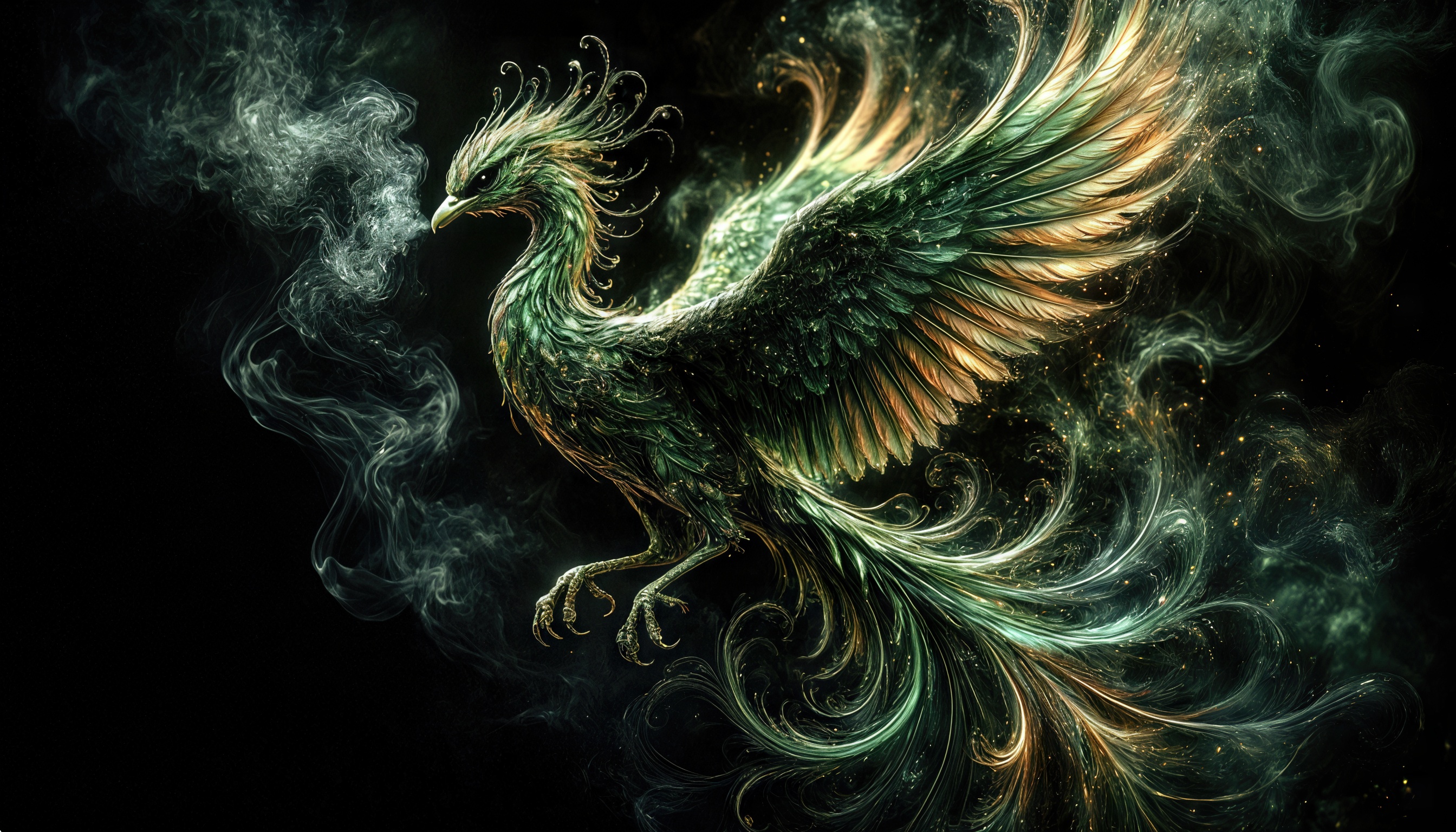 Бесплатное фото Феникс в полете, окруженный дымом и искрами, символизирующий возрождение и бессмертие.