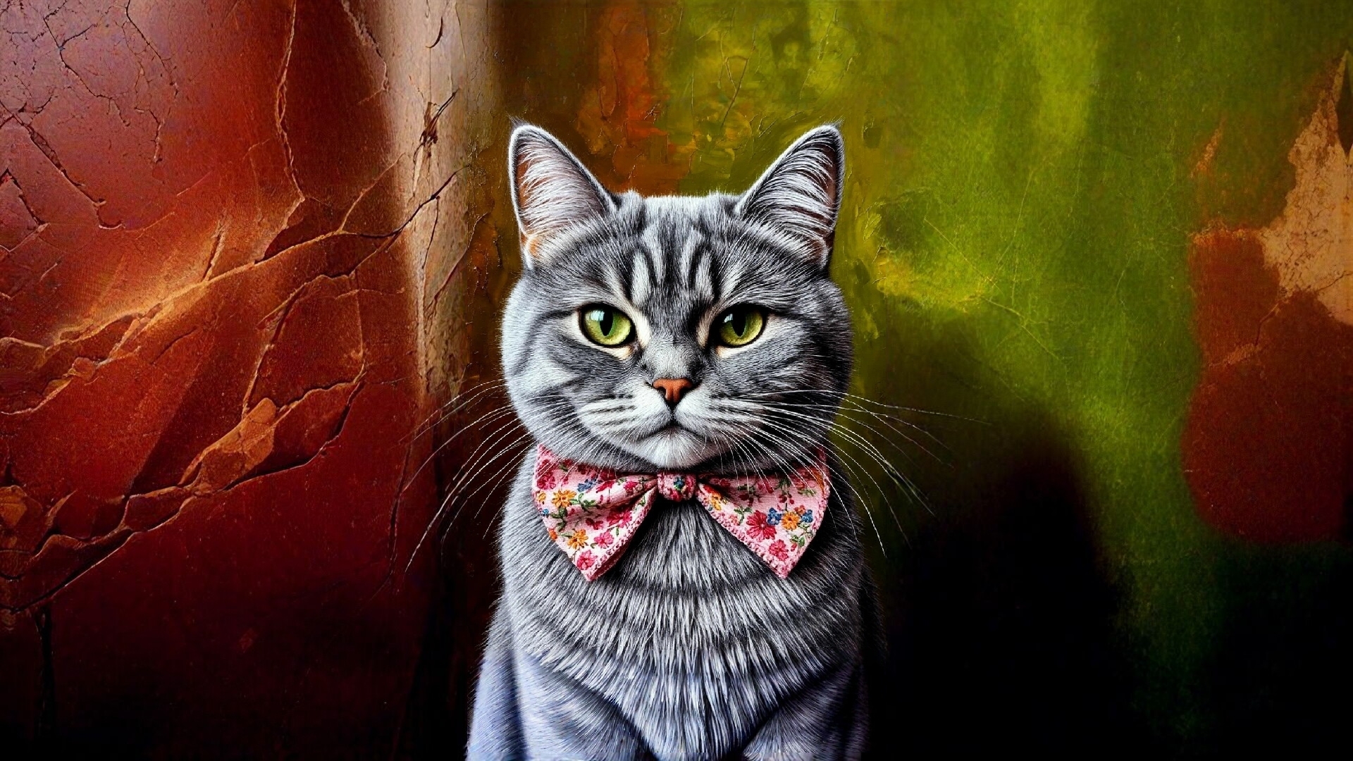 Free photo A grey tabby cat wearing a pink bowtie