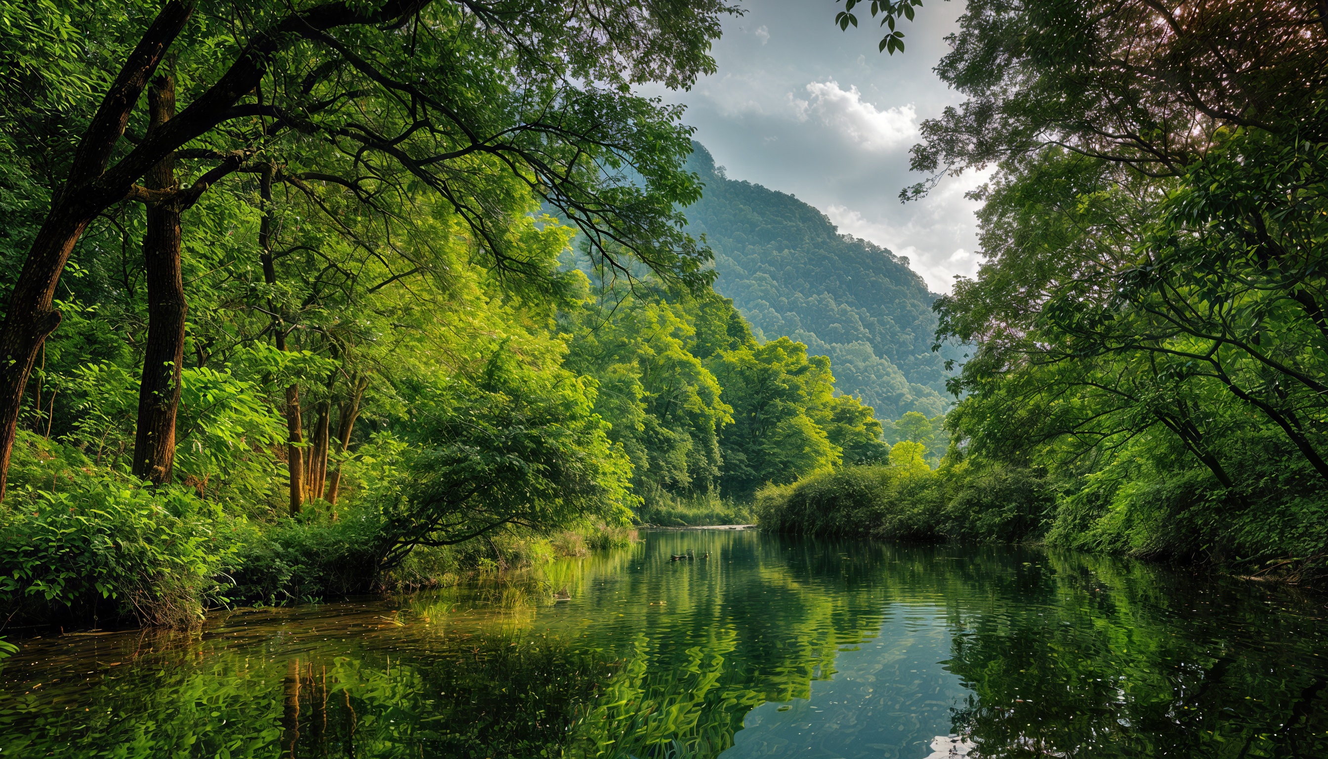 Бесплатное фото Пейзаж с рекой, окруженной зелеными деревьями и горами, под частично облачным небом.