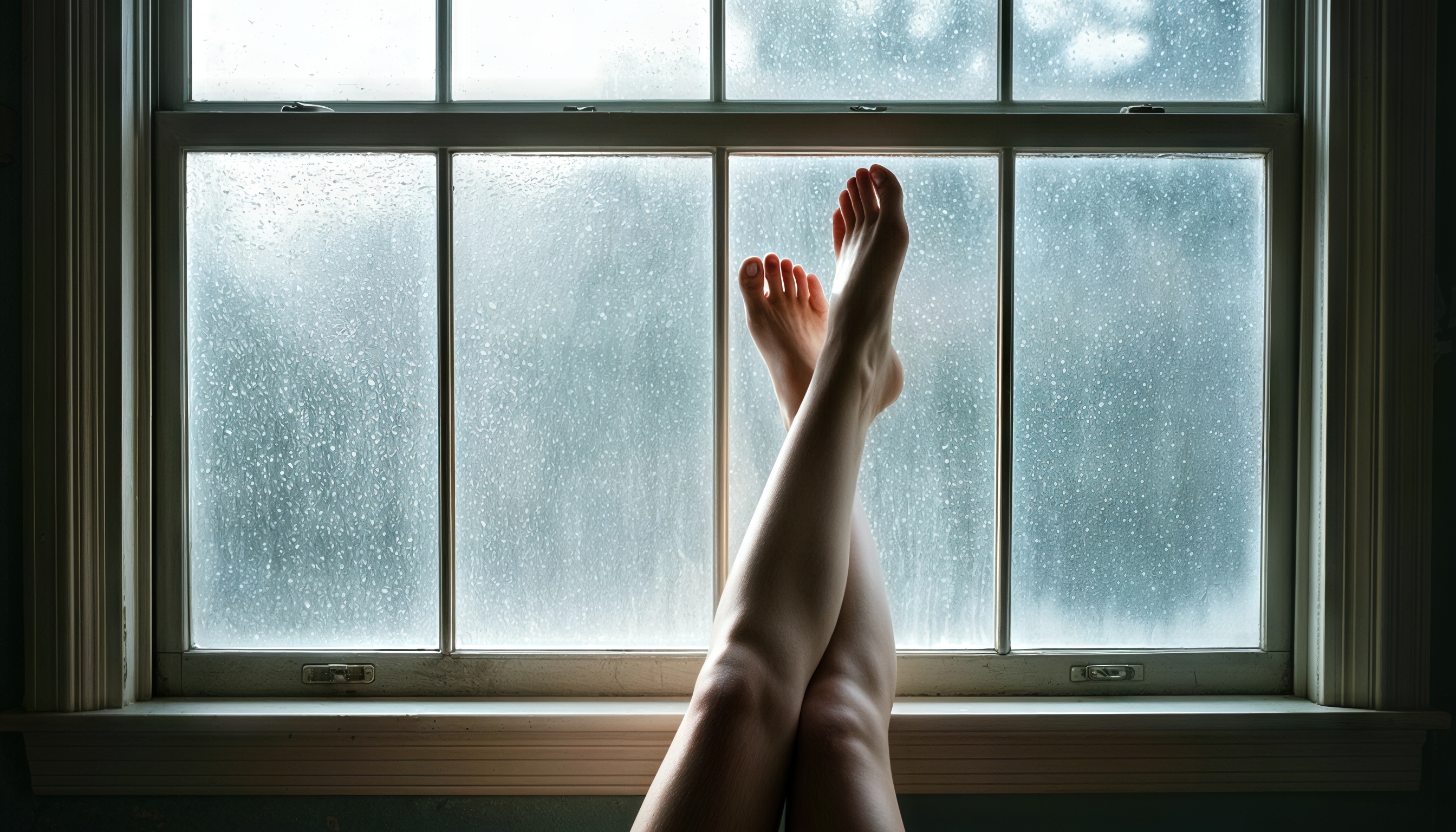 Обнаженные ноги на подоконнике, дождь за окном, мягкий свет.