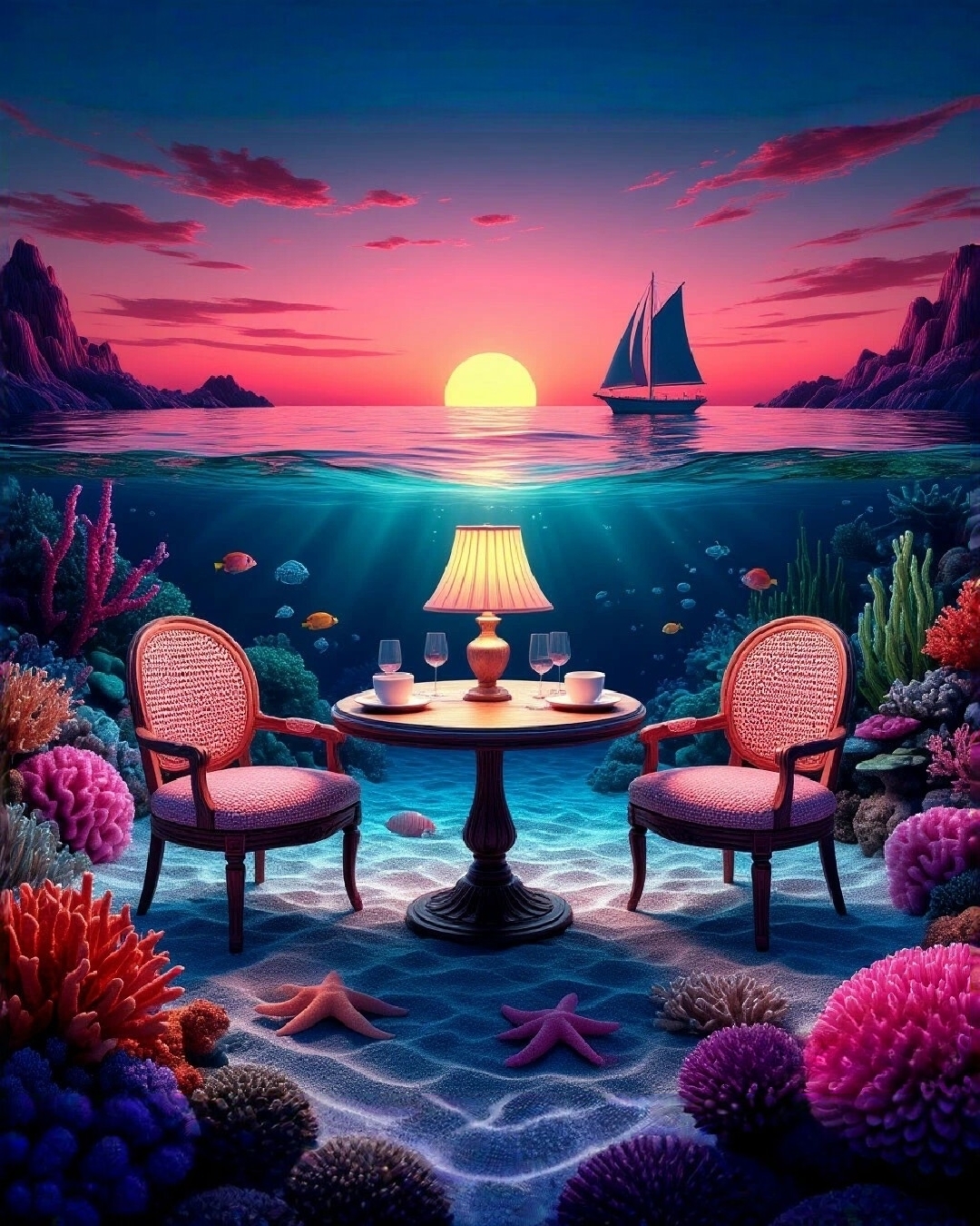 Бесплатное фото Подводный ужин на закате