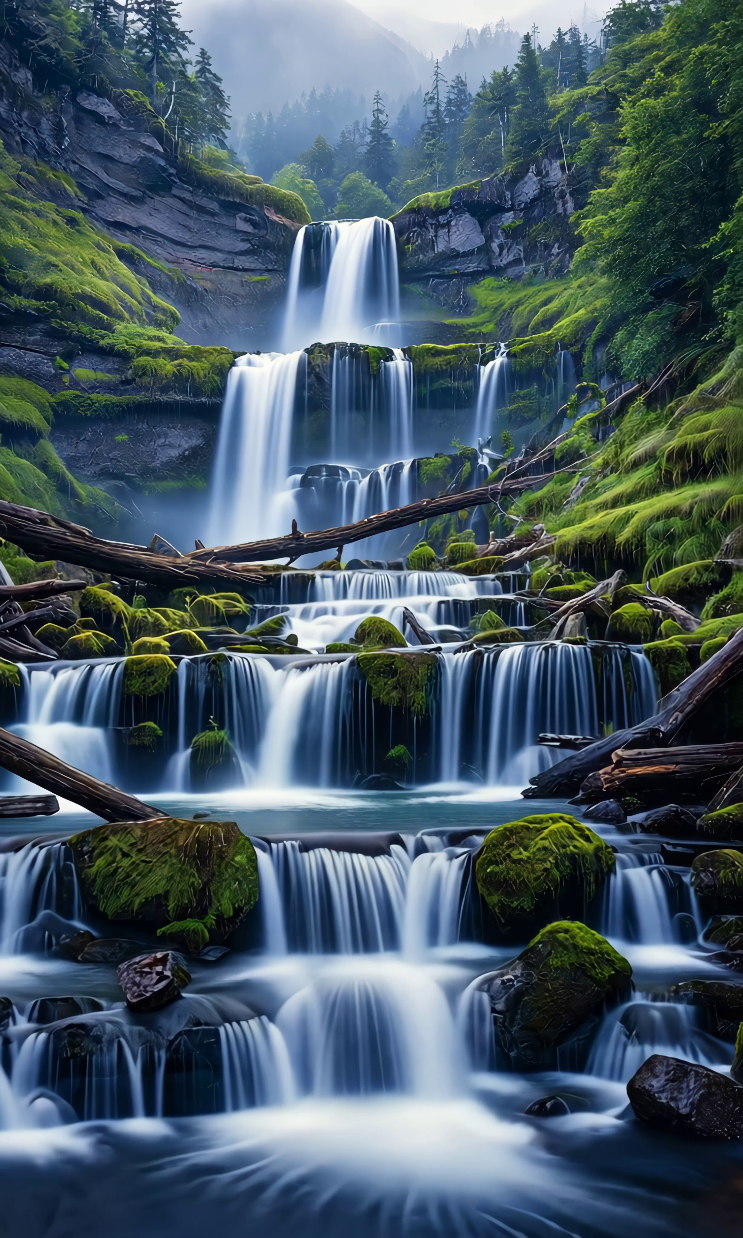 Бесплатное видео Водопад на горной реке шумит по ступенькам