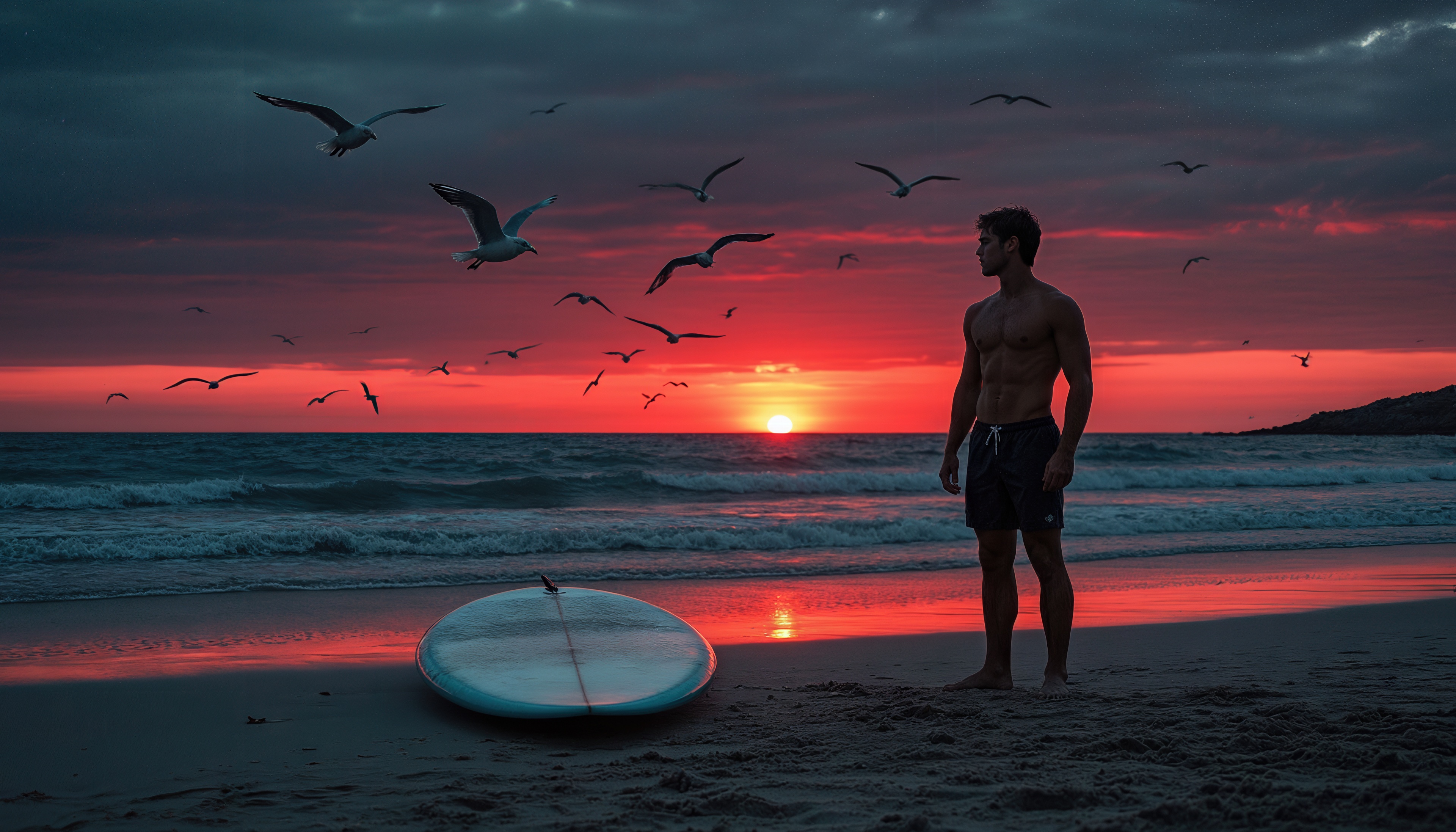 Закат окрасил море, серфер замер в раздумьях.