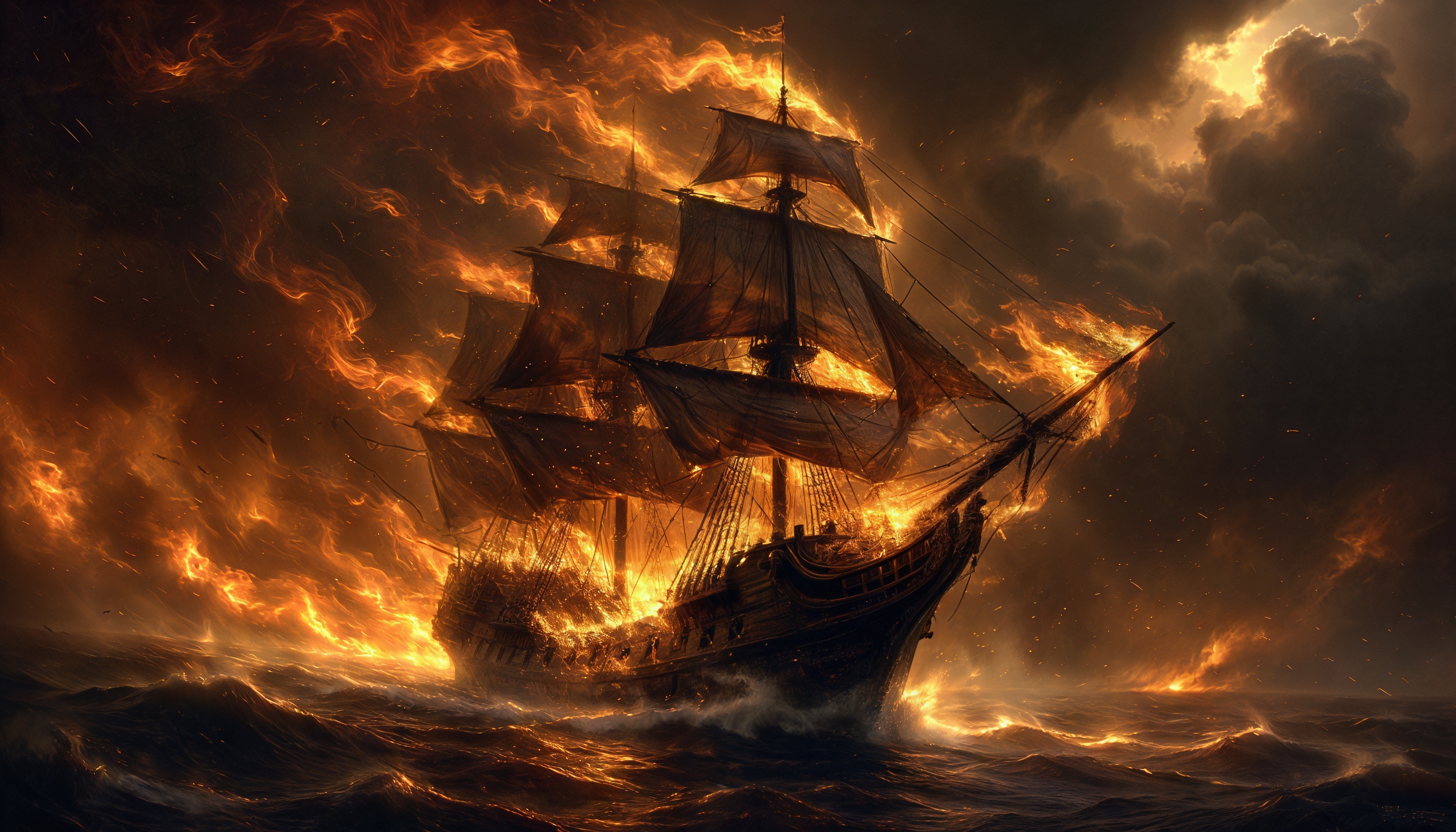 Бесплатное фото Корабль в огне плывет по бурному морю под темным небом.
