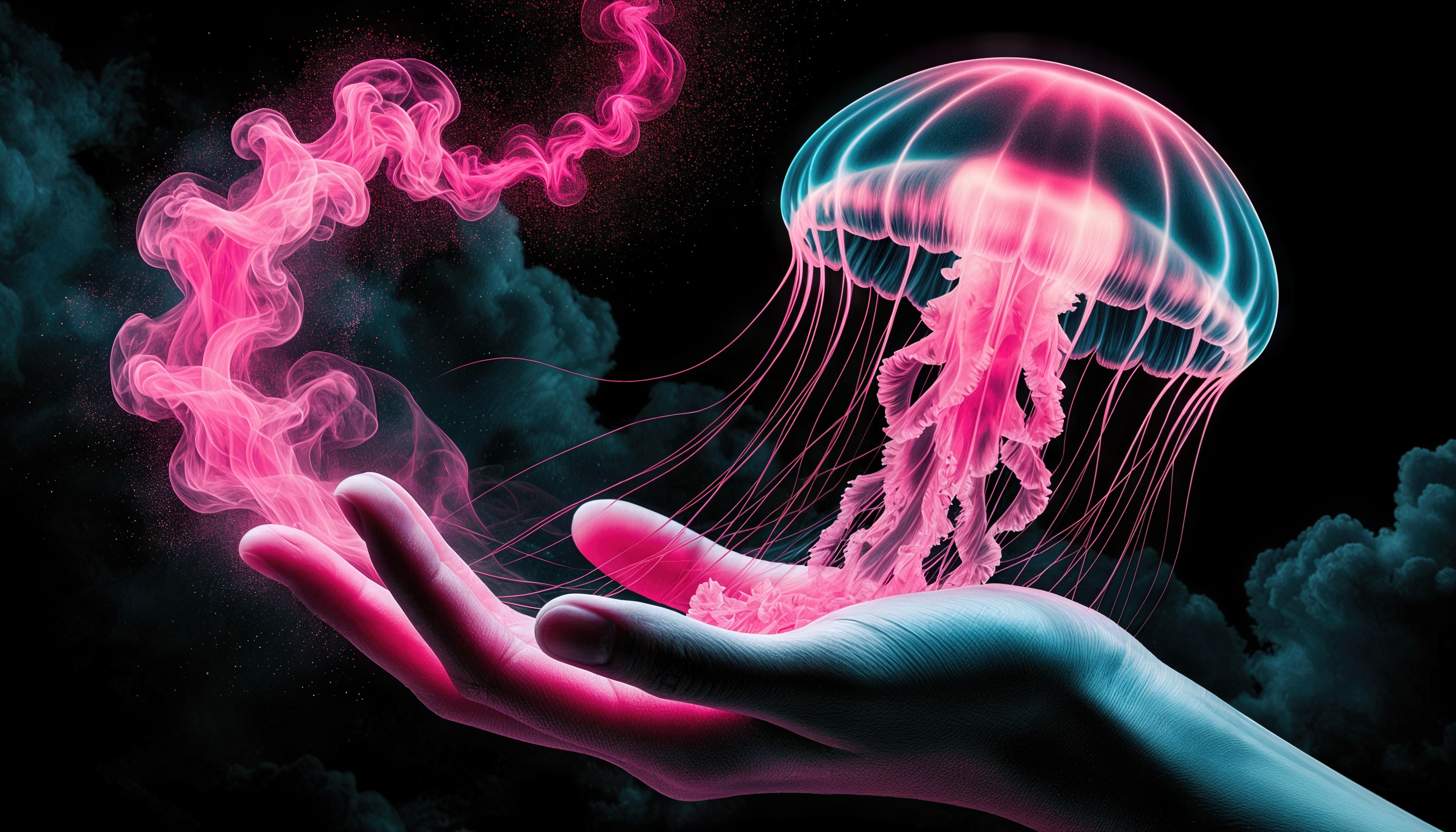 Бесплатное фото Розовая медуза парит над ладонью в мистической дымке.