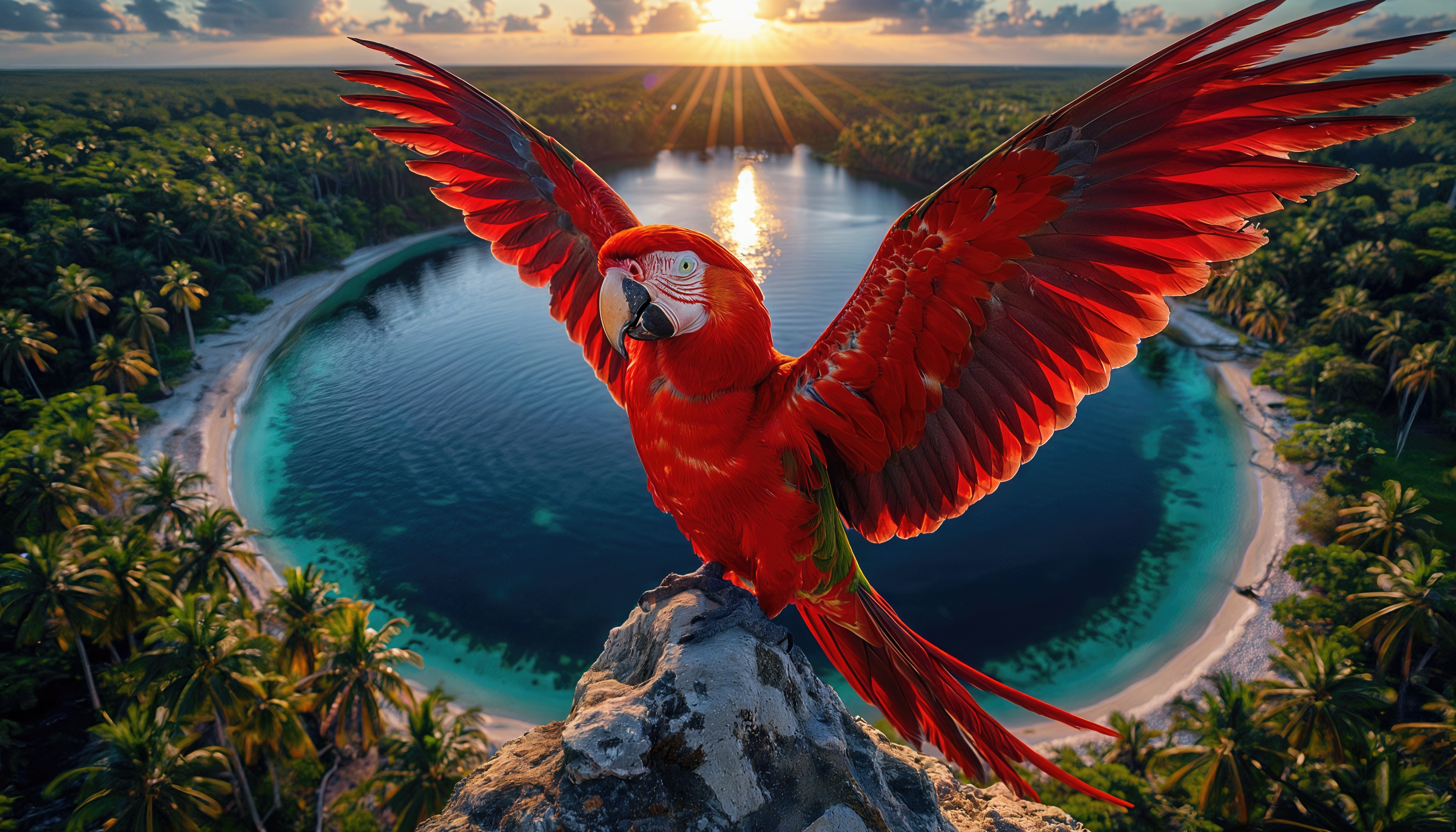 Free photo The majestic Macao parrot sits on a cliff above a turquoise bay with palm trees in the rays of the setting sun.