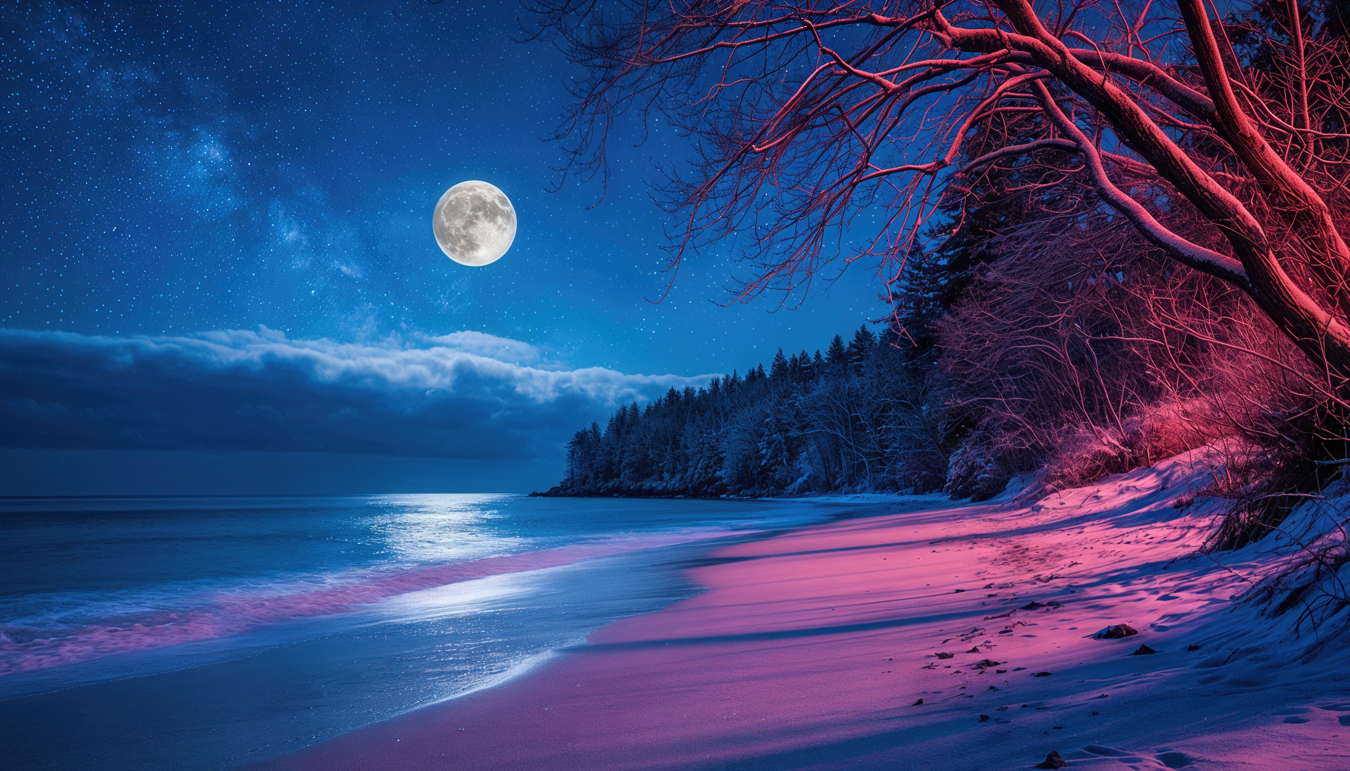 Бесплатное фото Зимний морской пейзаж с первым снегом, луной и тёмным небом.