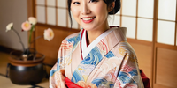 Young smiling Japanese woman in kimono in a traditional Japanese house