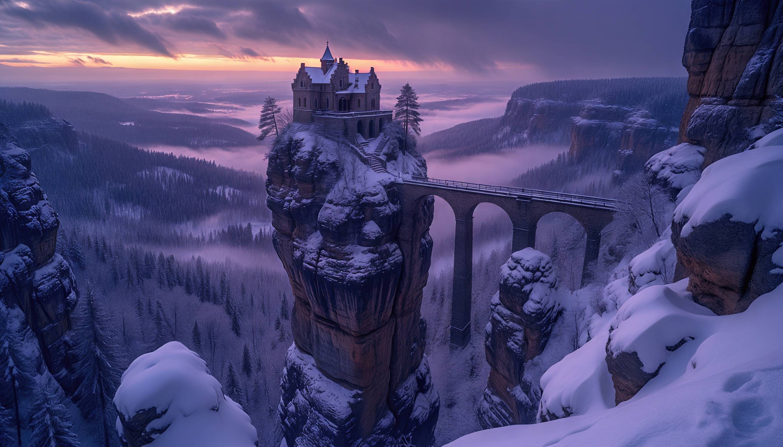 Замок на вершине скалы, окутанный зимним туманом и обрамлённый арками моста.