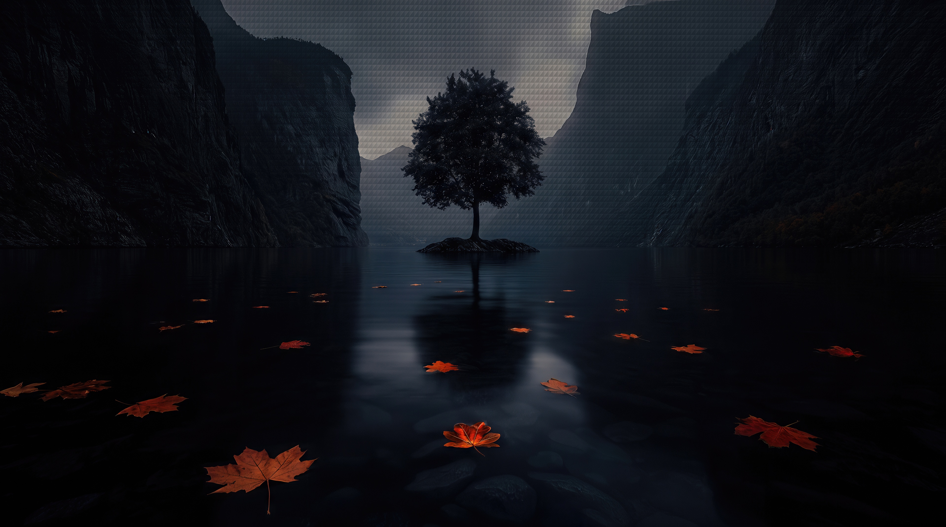 Free photo Gloomy and melancholic autumn landscape with fallen maple leaves floating on the dark waters of the fjord.