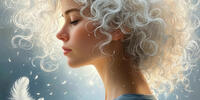 Девушка с пышными белыми локонами, окружённая парящими перьями, в мягком свете.