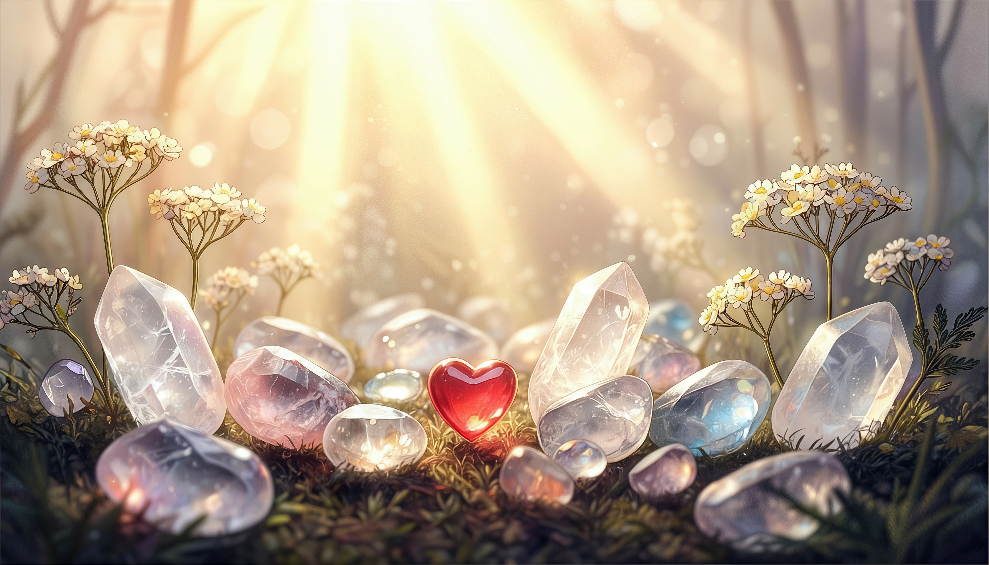 Free photo A red heart among shining crystals in a forest thicket.
