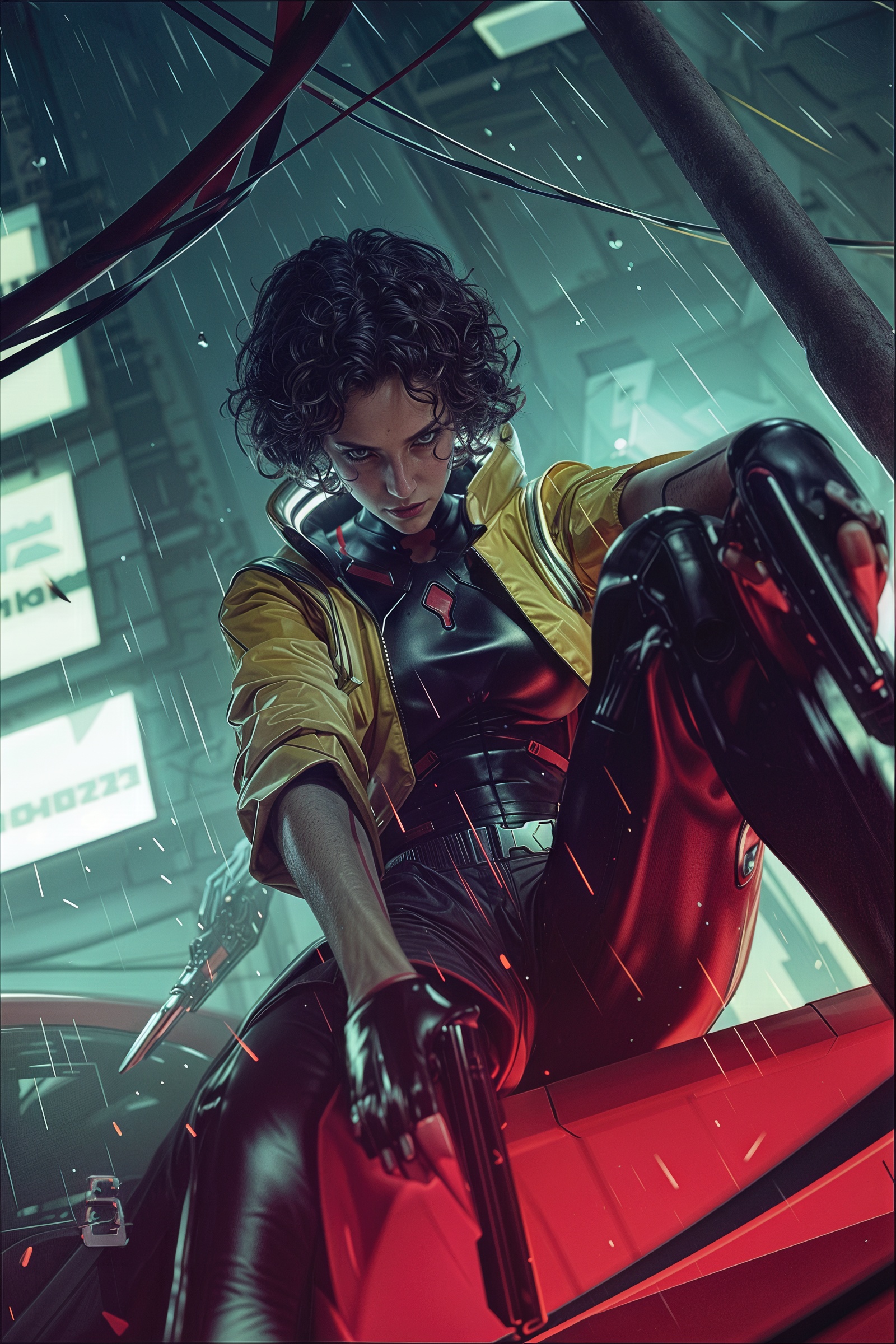 Бесплатное фото Киберпанк-героиня с пистолетами на фоне дождливого города.