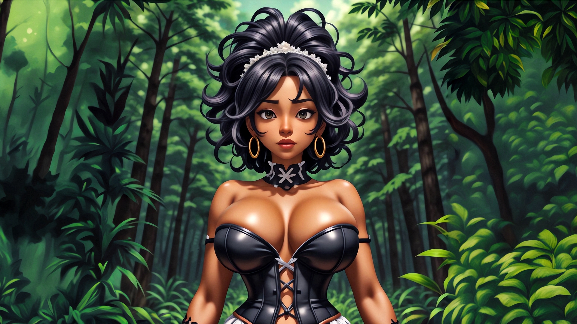 一位身着黑色紧身胸衣的黑人女孩站在森林背景中