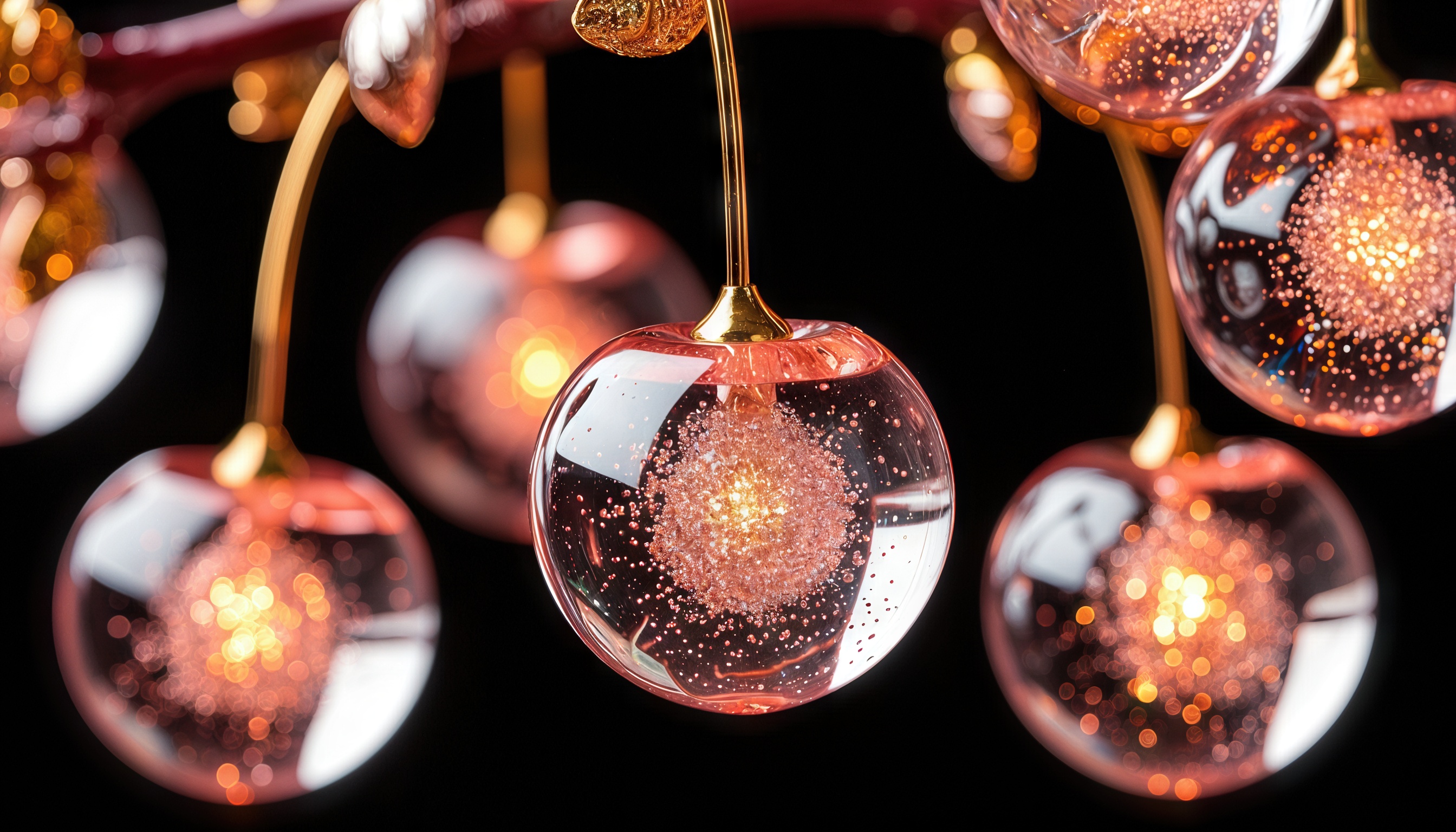 Подвесной светильник с стеклянными вишнями, наполненными золотистыми искрами, создаёт тёплый свет.