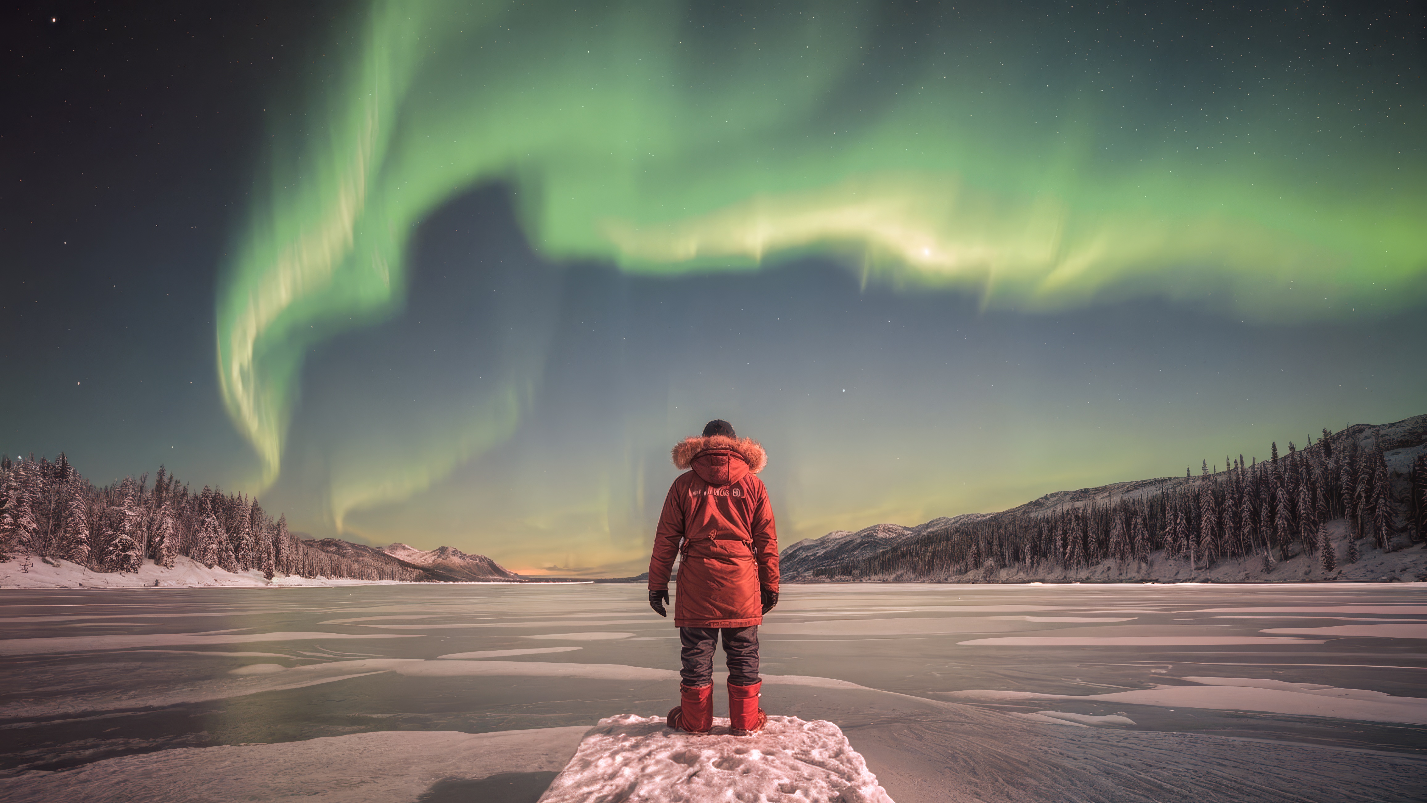 身穿红色夹克的人凝望北极光
