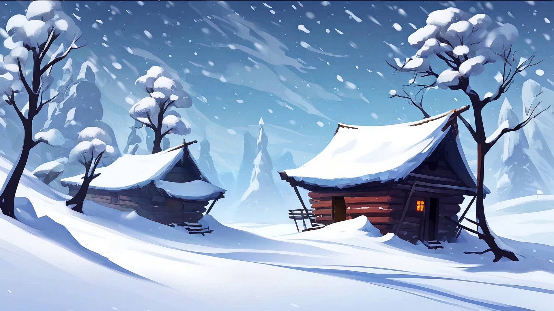 Рисунок деревянные дома в пургу зимой