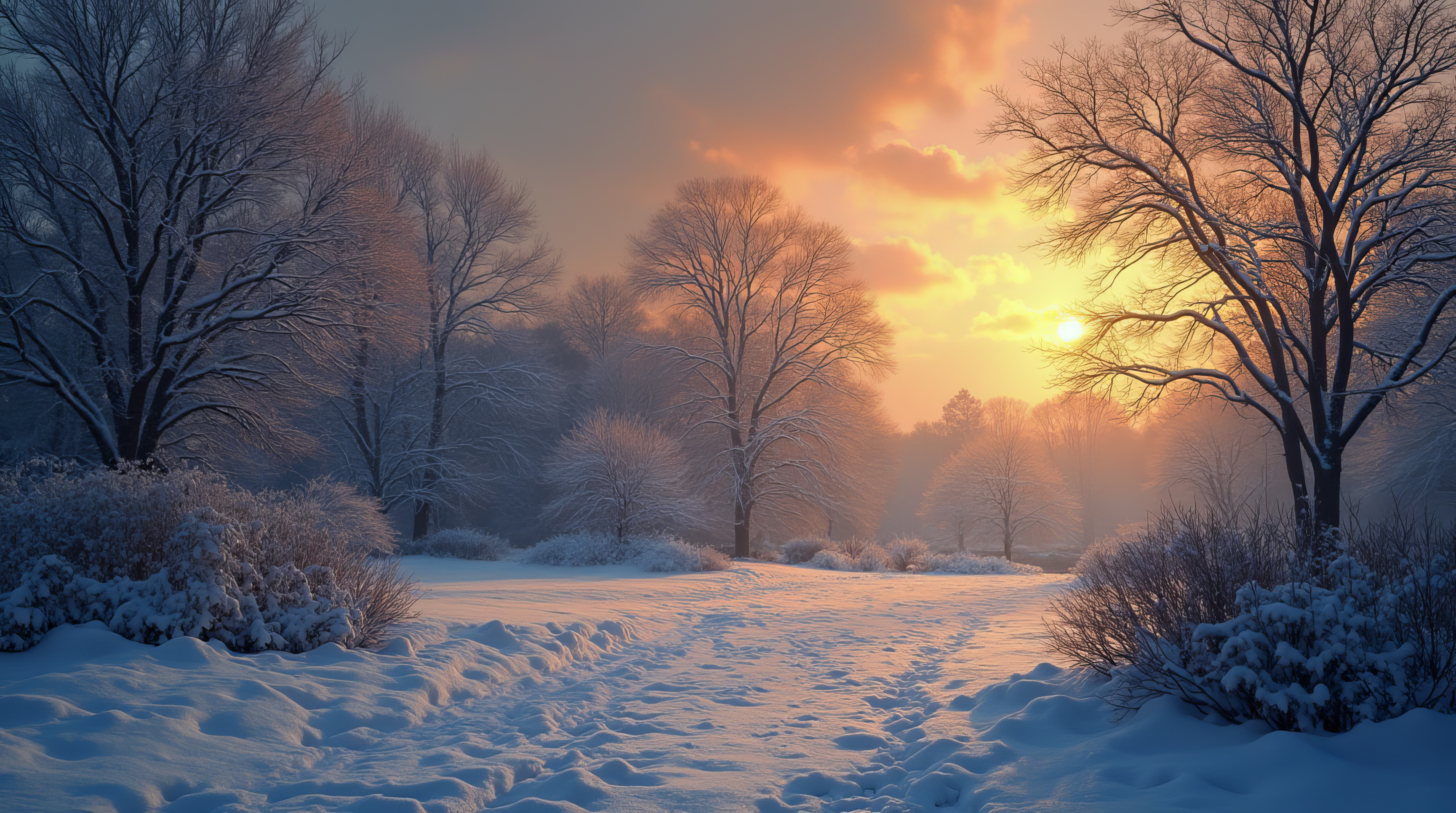 Бесплатное фото Заснеженная тропа, ведущая к деревьям.