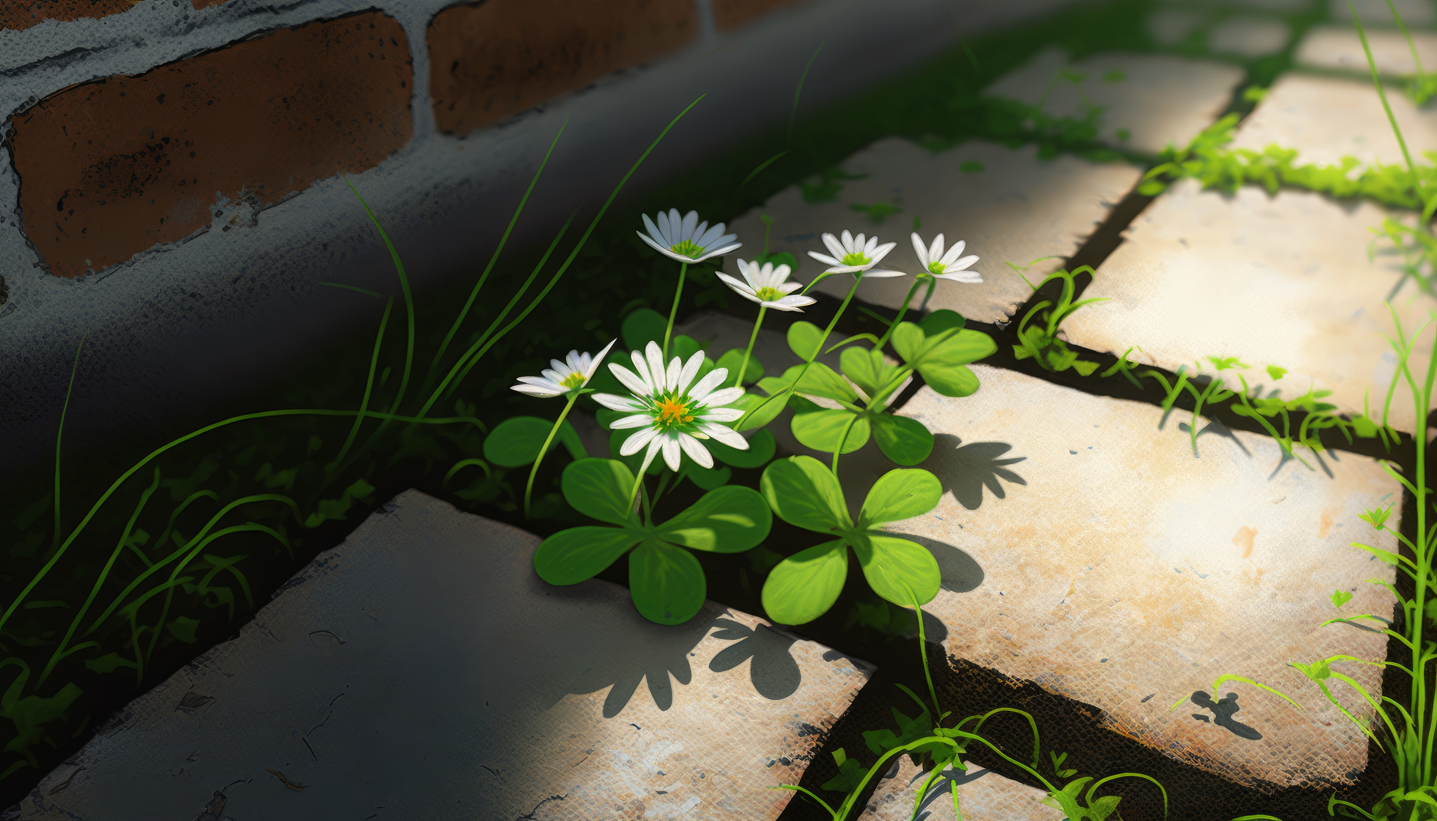 Flowers are growing on the sidewalk