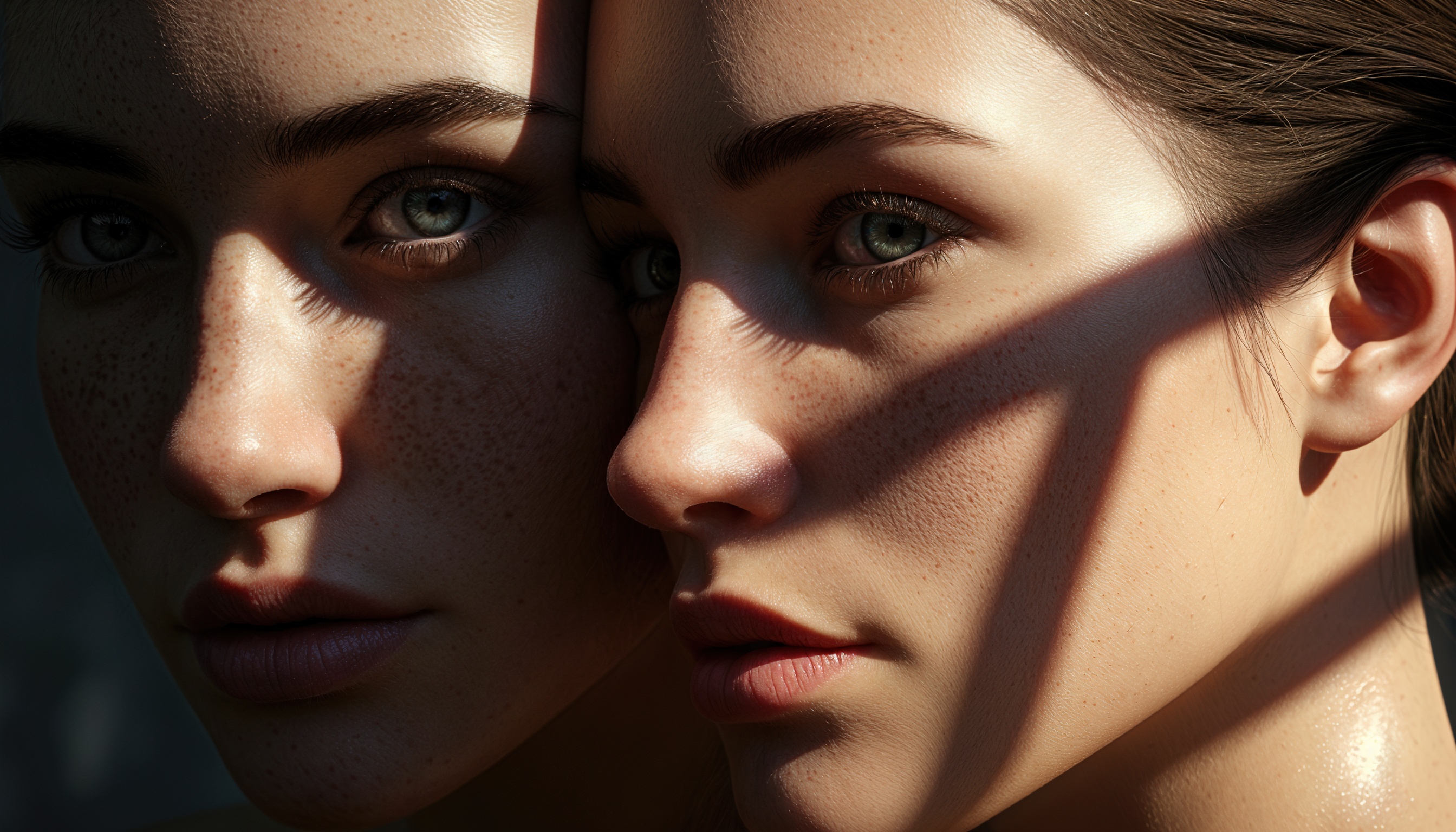 Free photo Portrait of two twin girls, partially covered in shadows.