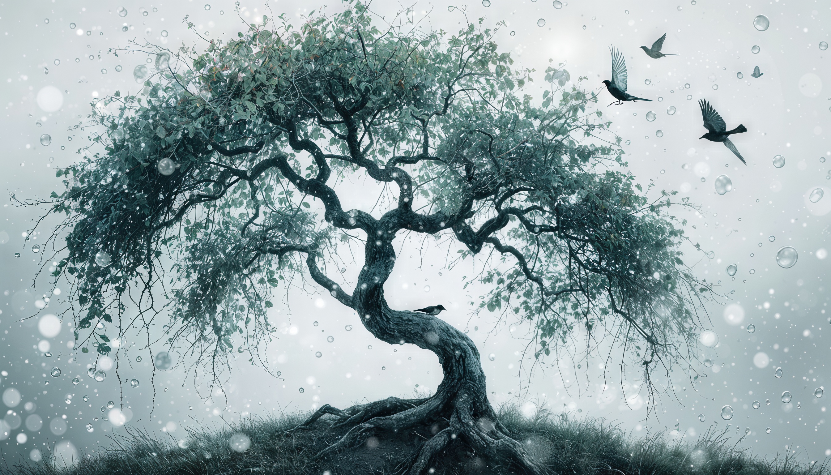 Бесплатное фото Дерево с птицами и каплями на фоне туманного неба.